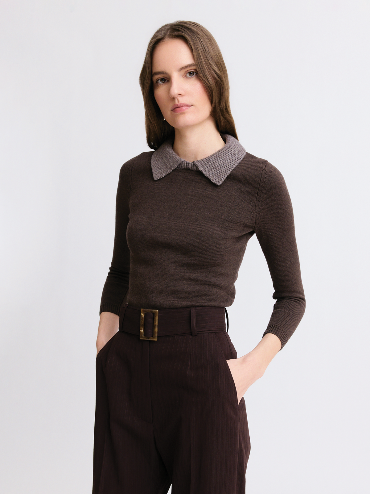 Combo Collar Brown Long Sleeve Sweater