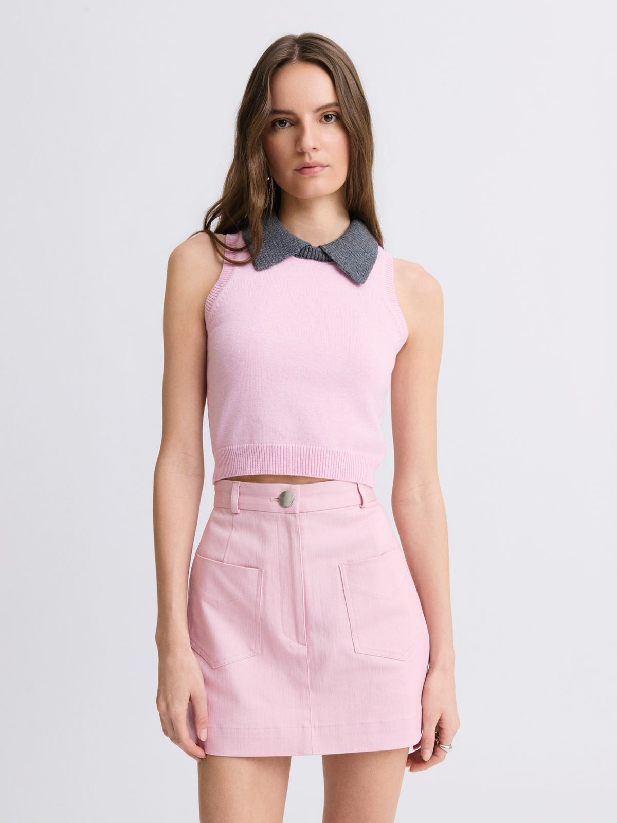 Combo Collar Pink Cropped Tank Top