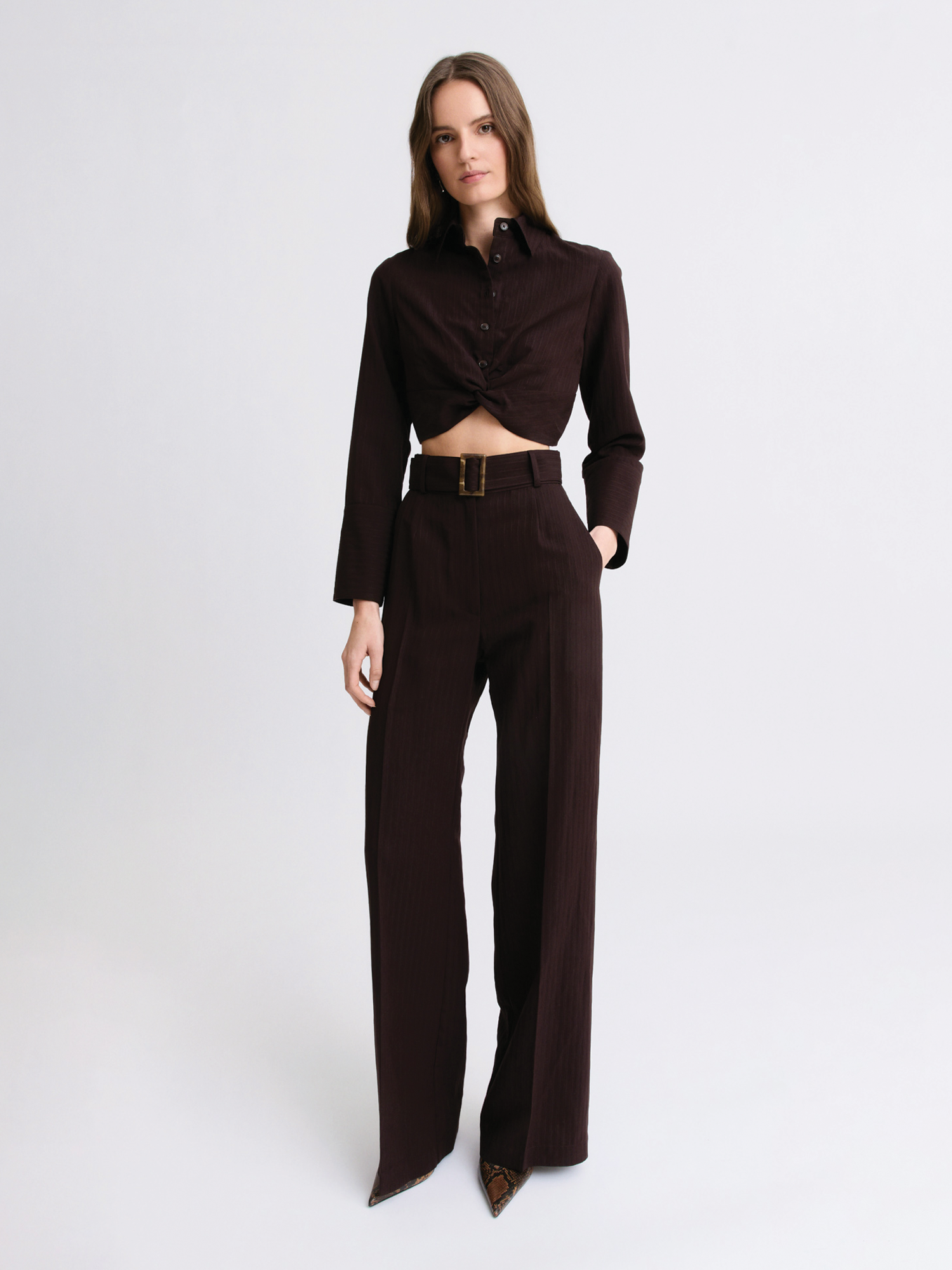 Belted Brown Stripe Wide Leg Trouser