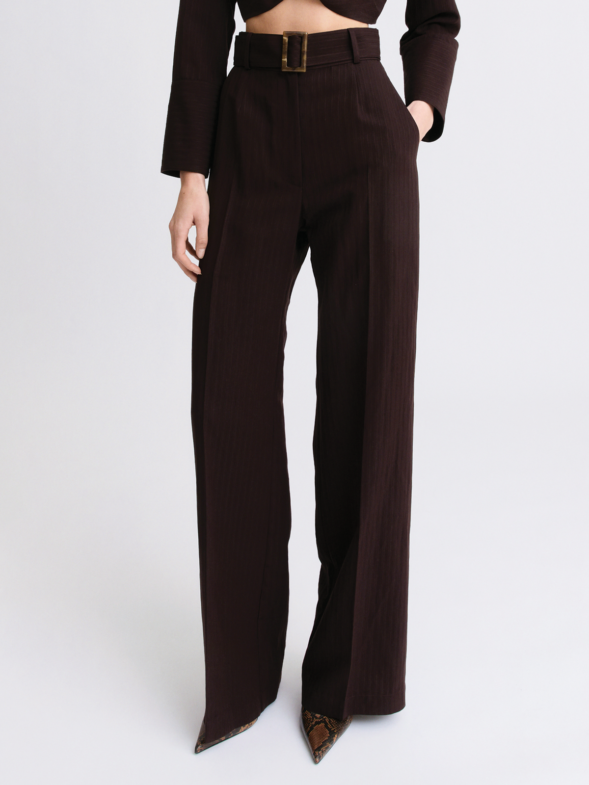 Belted Brown Stripe Wide Leg Trouser