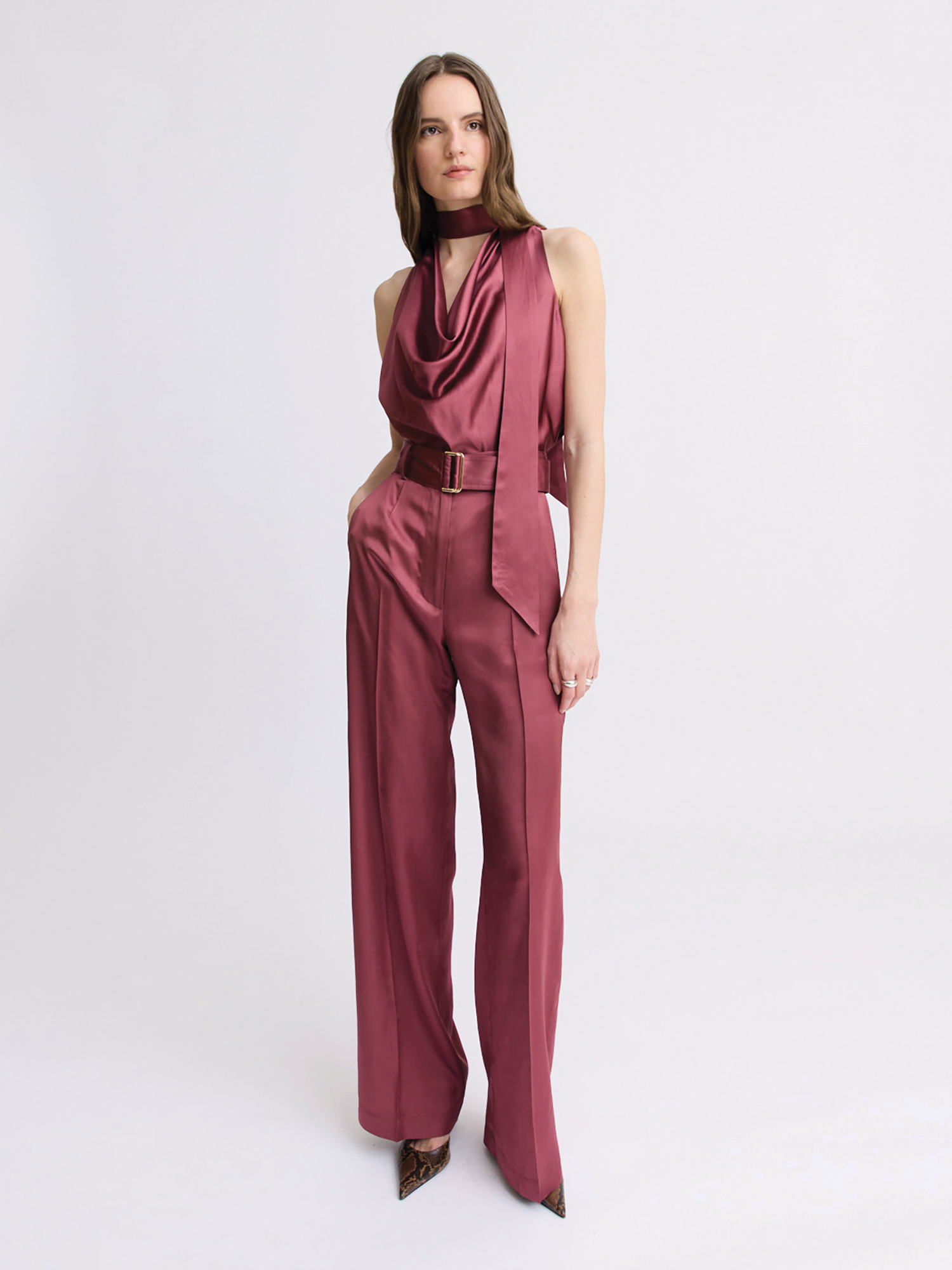 Belted Merlot Satin Wide Leg Trouser