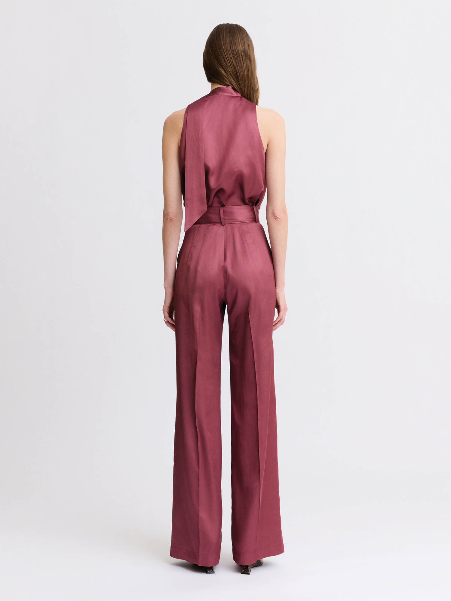 Belted Merlot Satin Wide Leg Trouser
