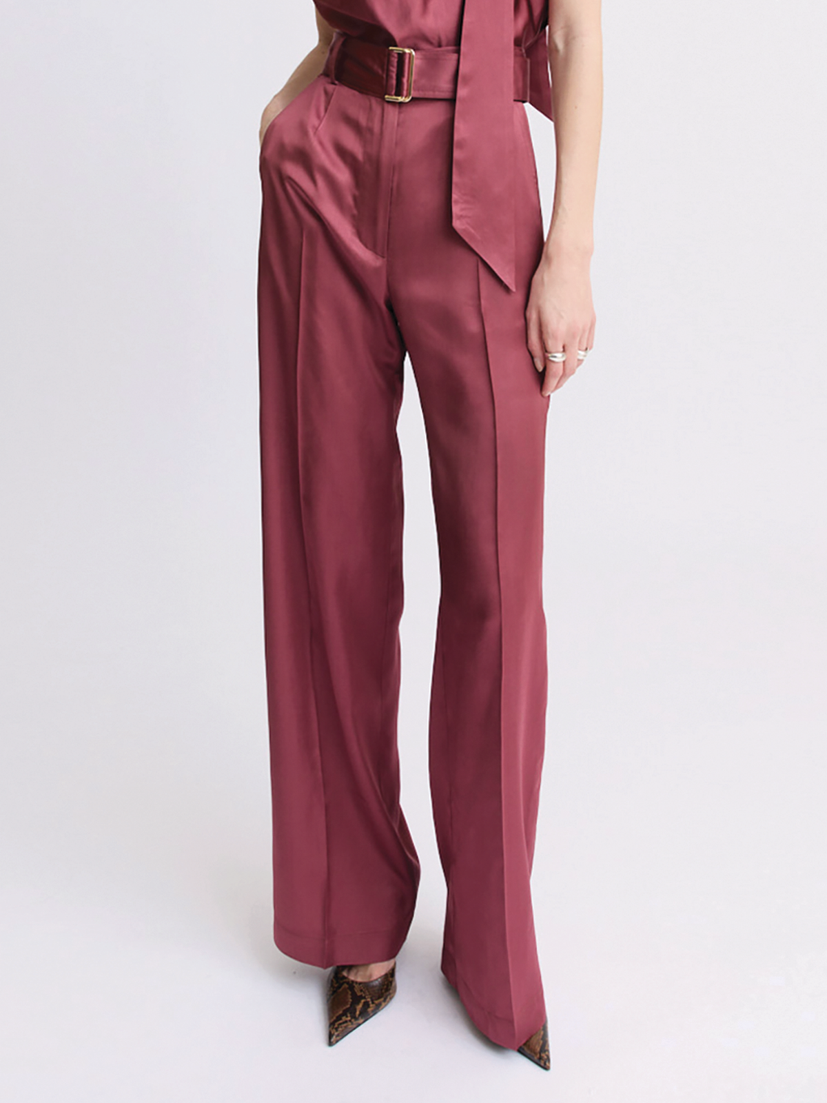 Belted Merlot Satin Wide Leg Trouser