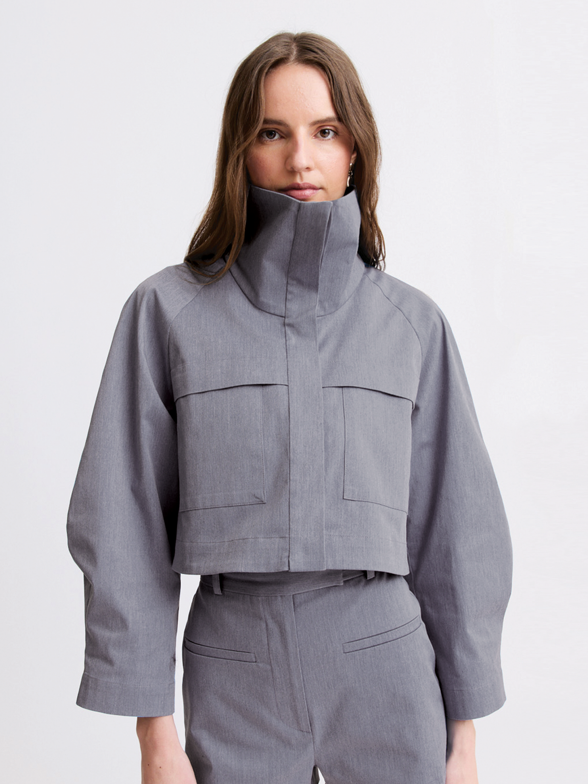 Funnel Neck Charcoal Swing Jacket