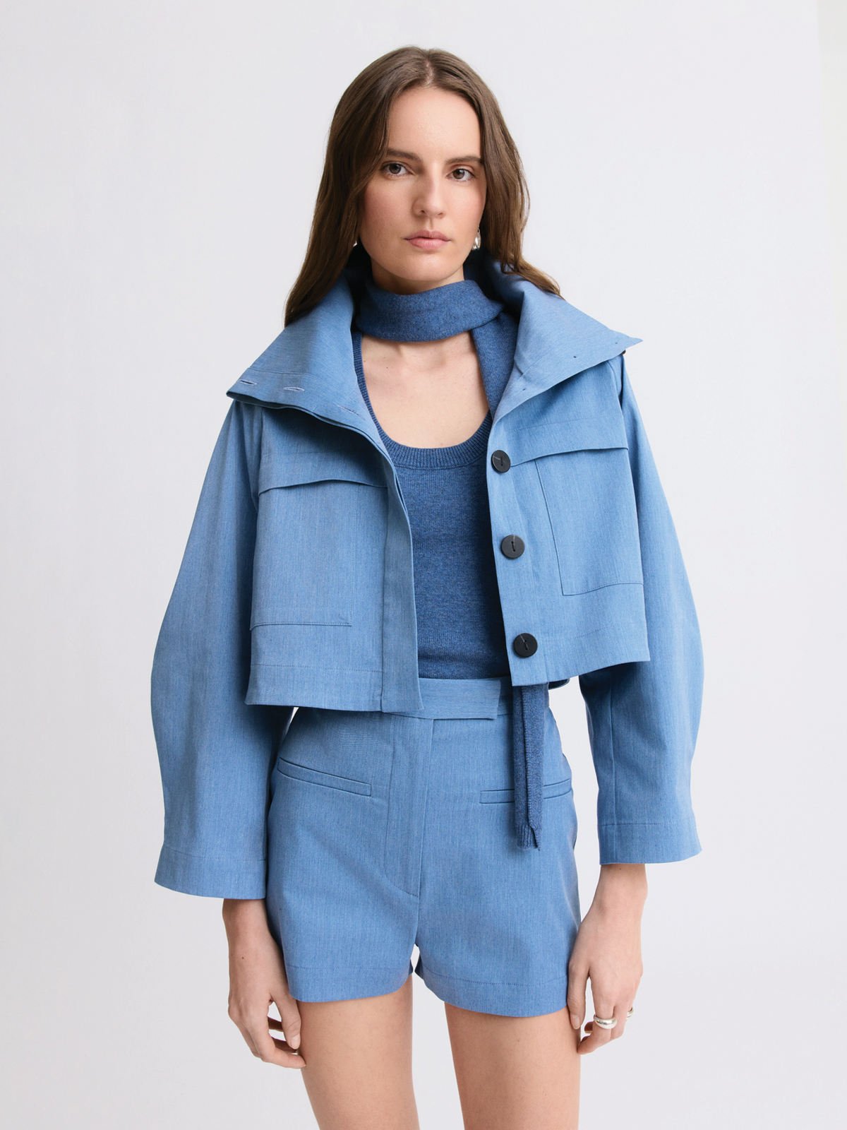 Funnel Neck Blue Swing Jacket