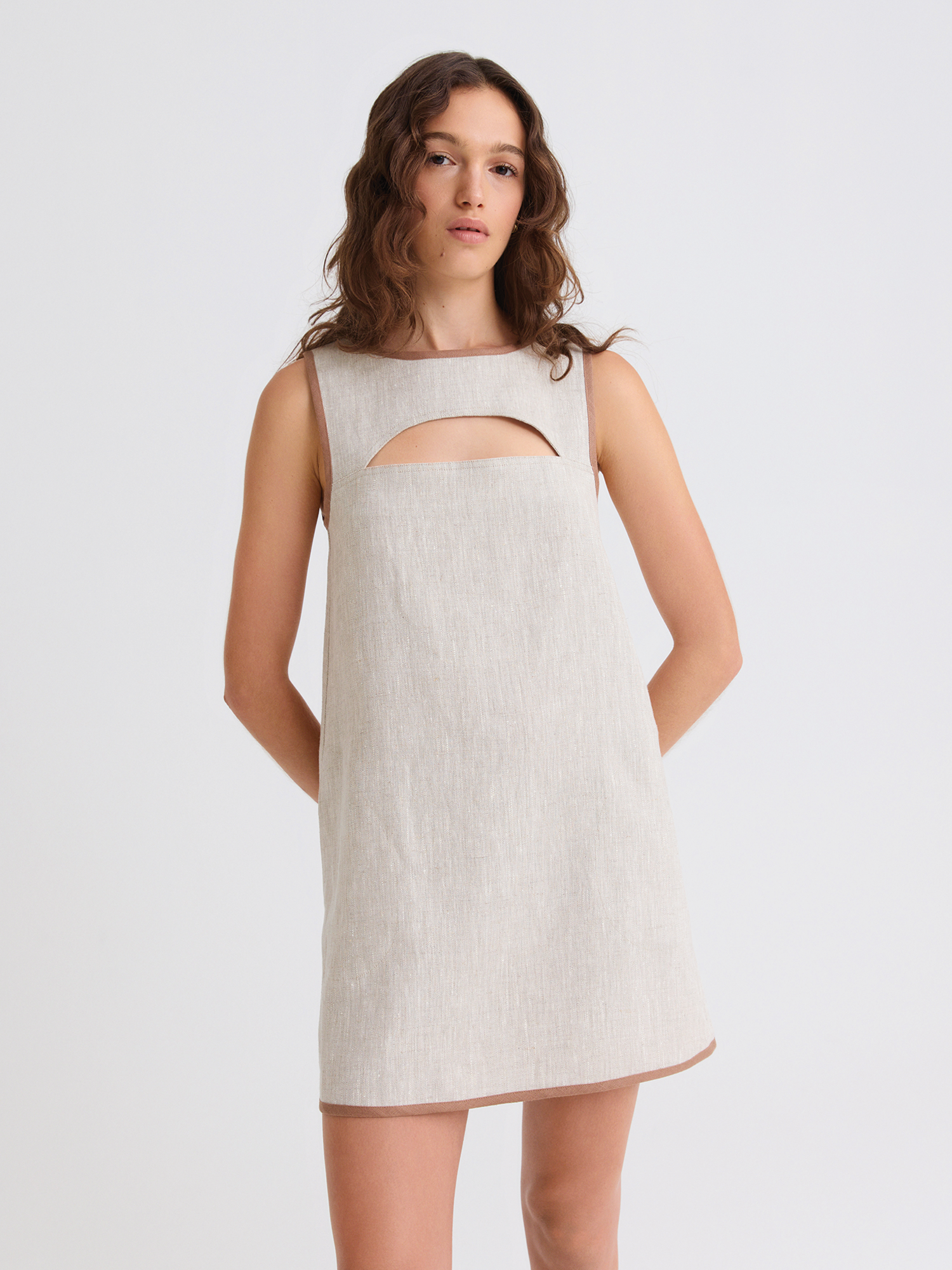Cutout Oatmeal Linen Mini Dress Oatmeal Linen / L Cutout Oatmeal Linen Mini Dress Oatmeal Linen / L