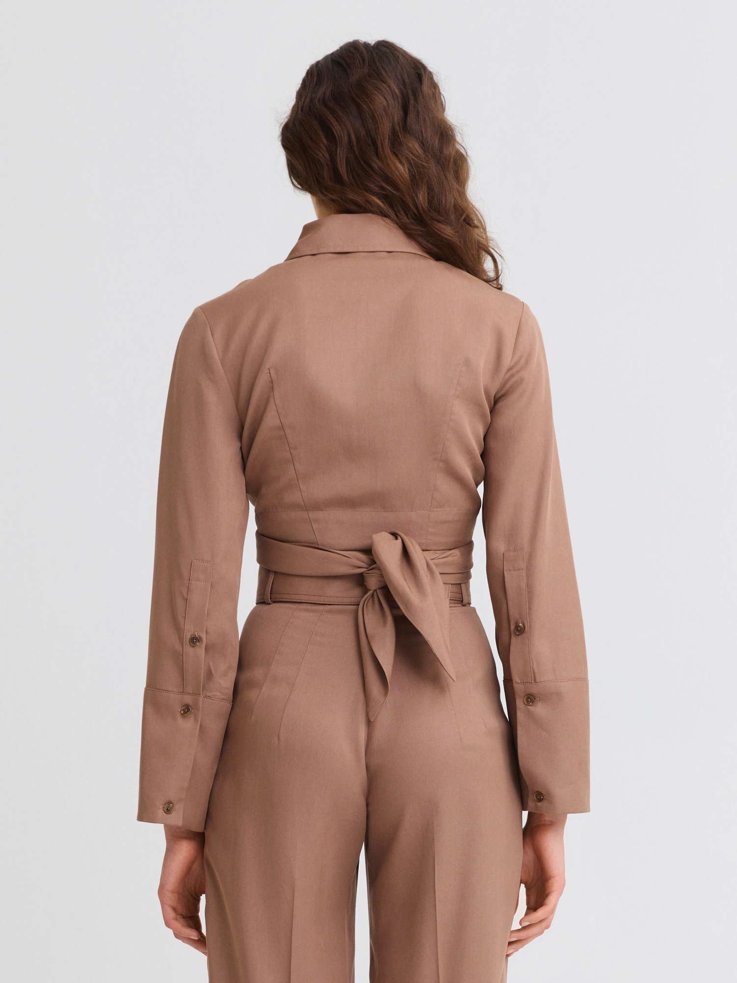 Collared Mocha Lyocell Long Sleeve Wrap Top