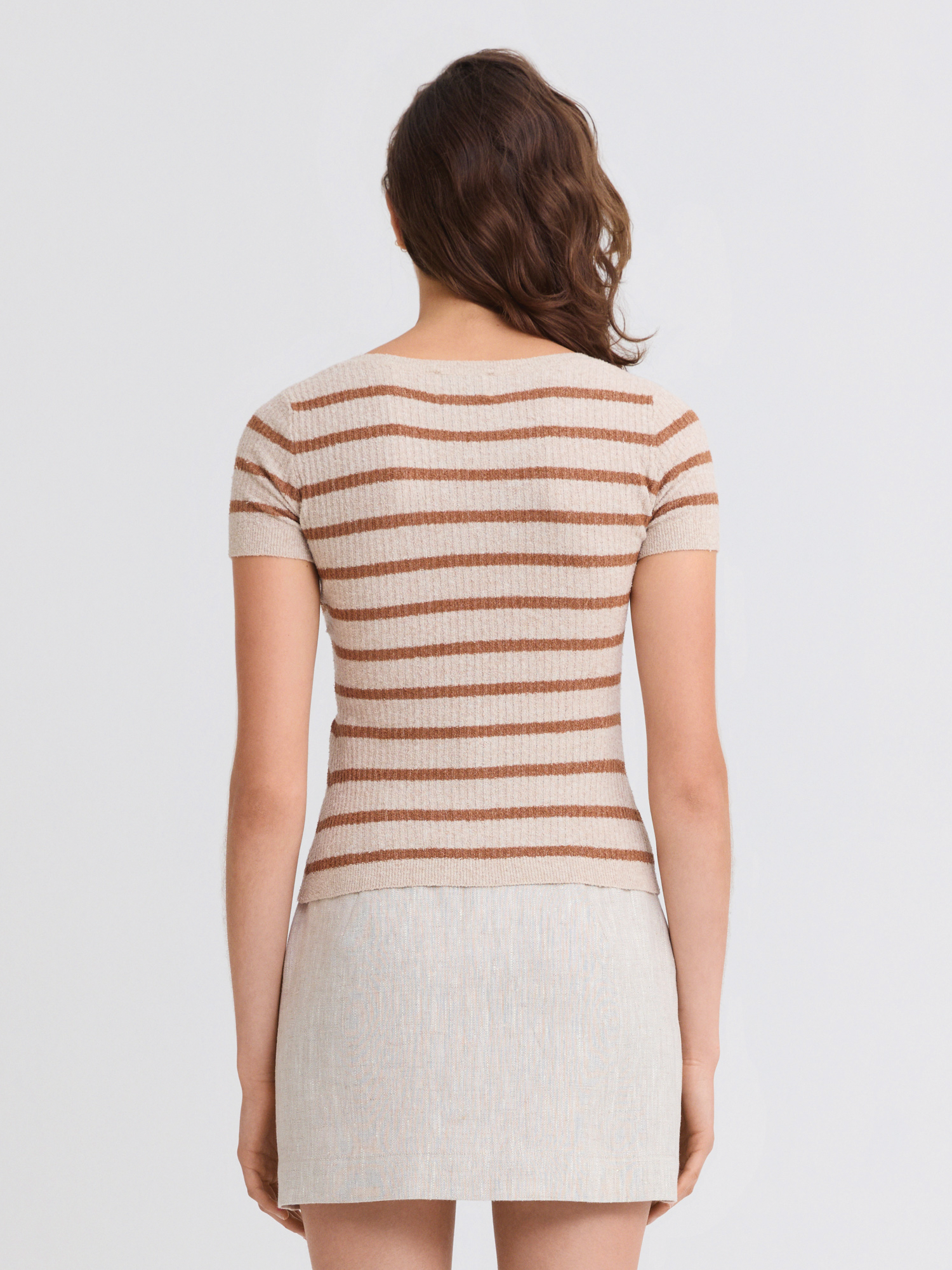 Terry Oatmeal Striped Short Sleeve Cardigan
