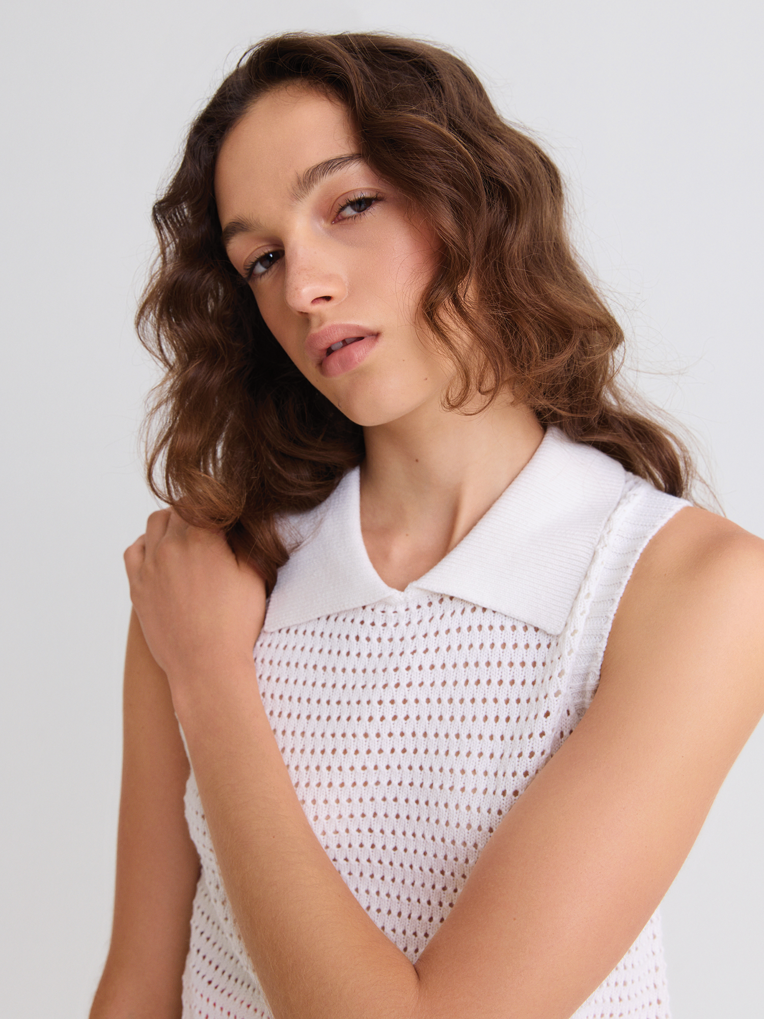 Cable Mesh White Collared Tank Top
