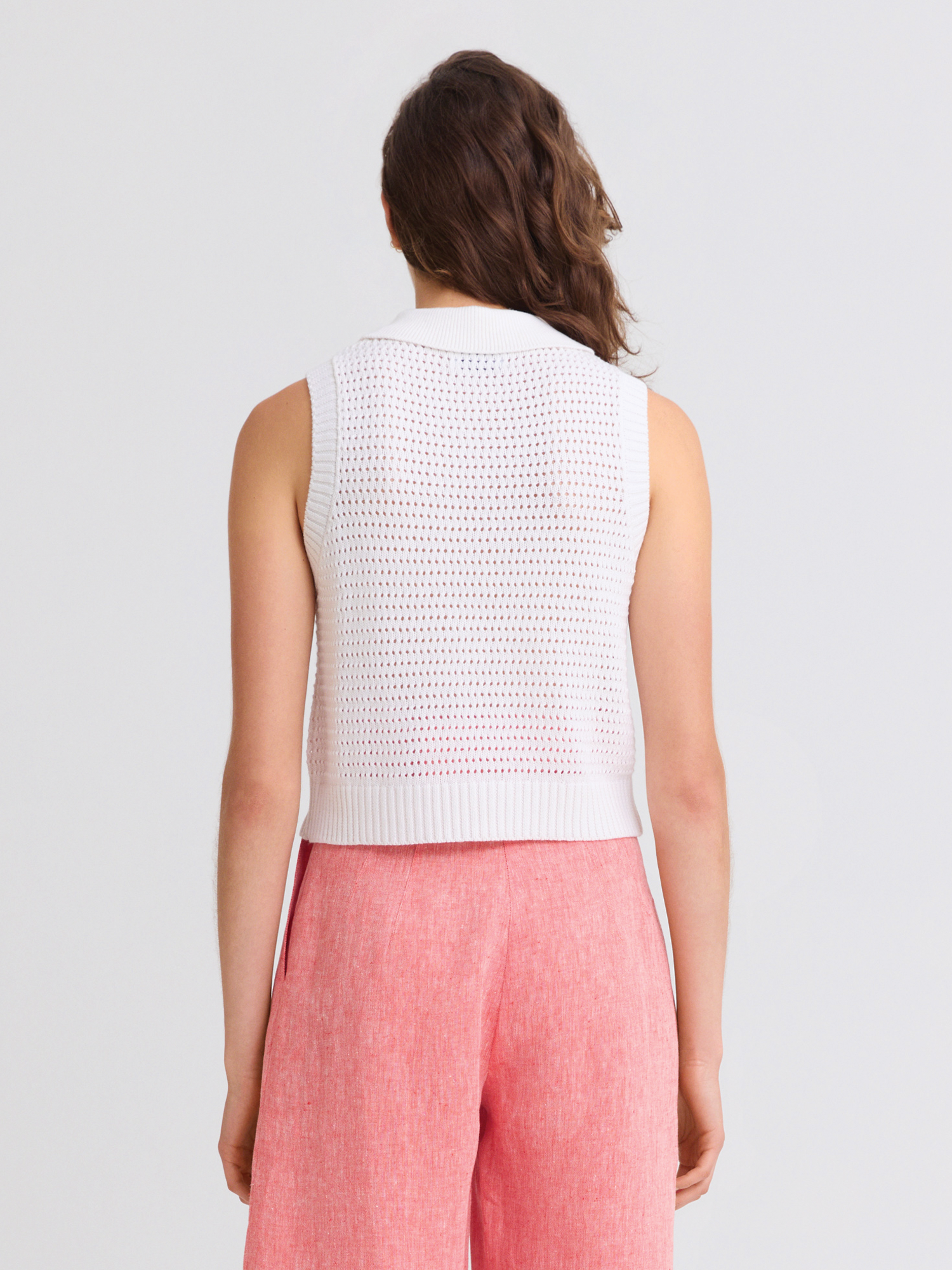 Cable Mesh White Collared Tank Top
