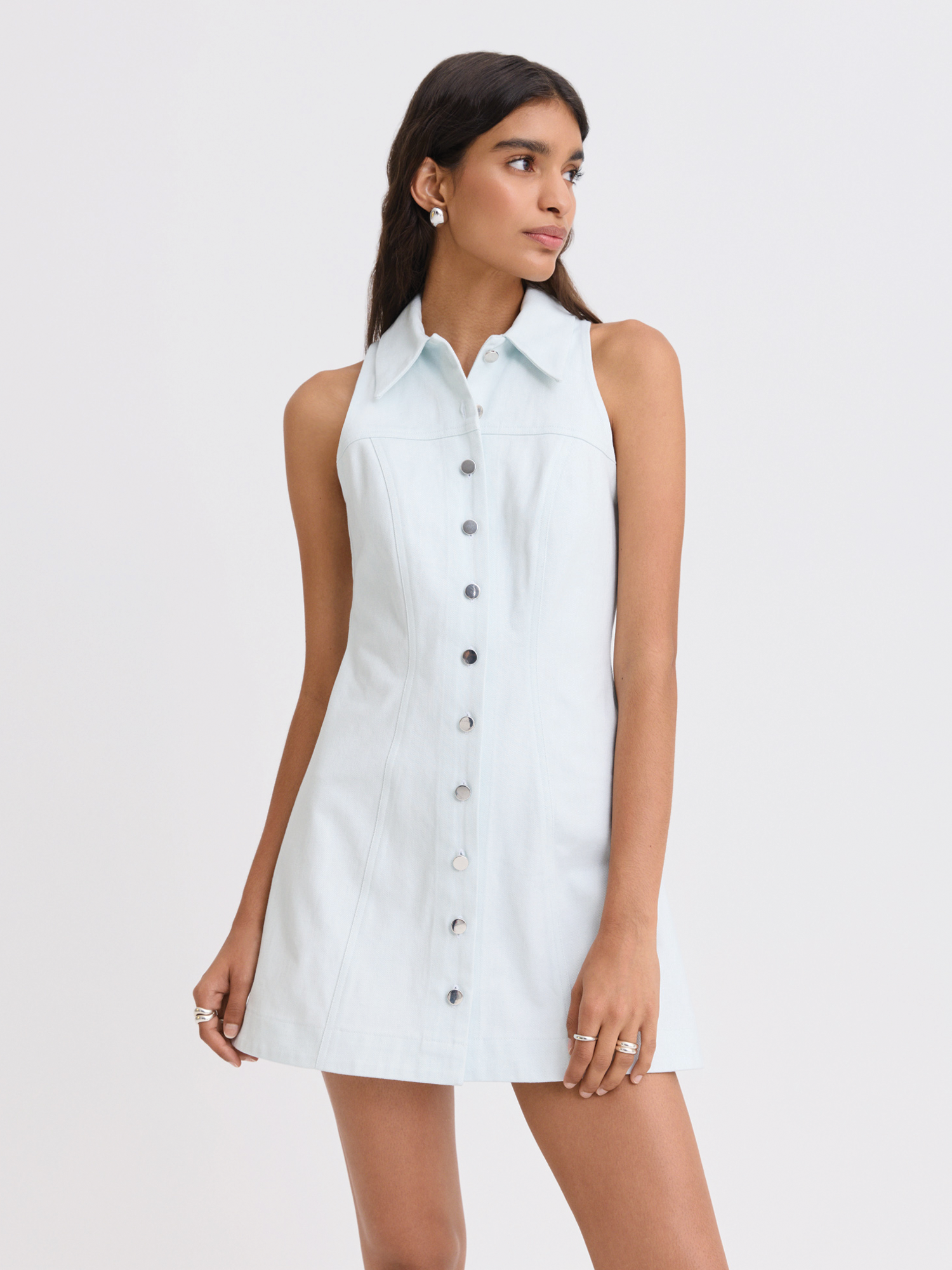 Collared Halter Light Denim Mini Dress