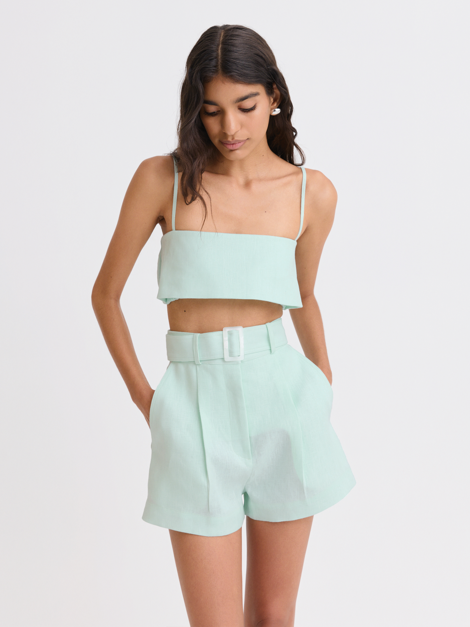 Structured Bandeau Light Aqua Linen Crop Top