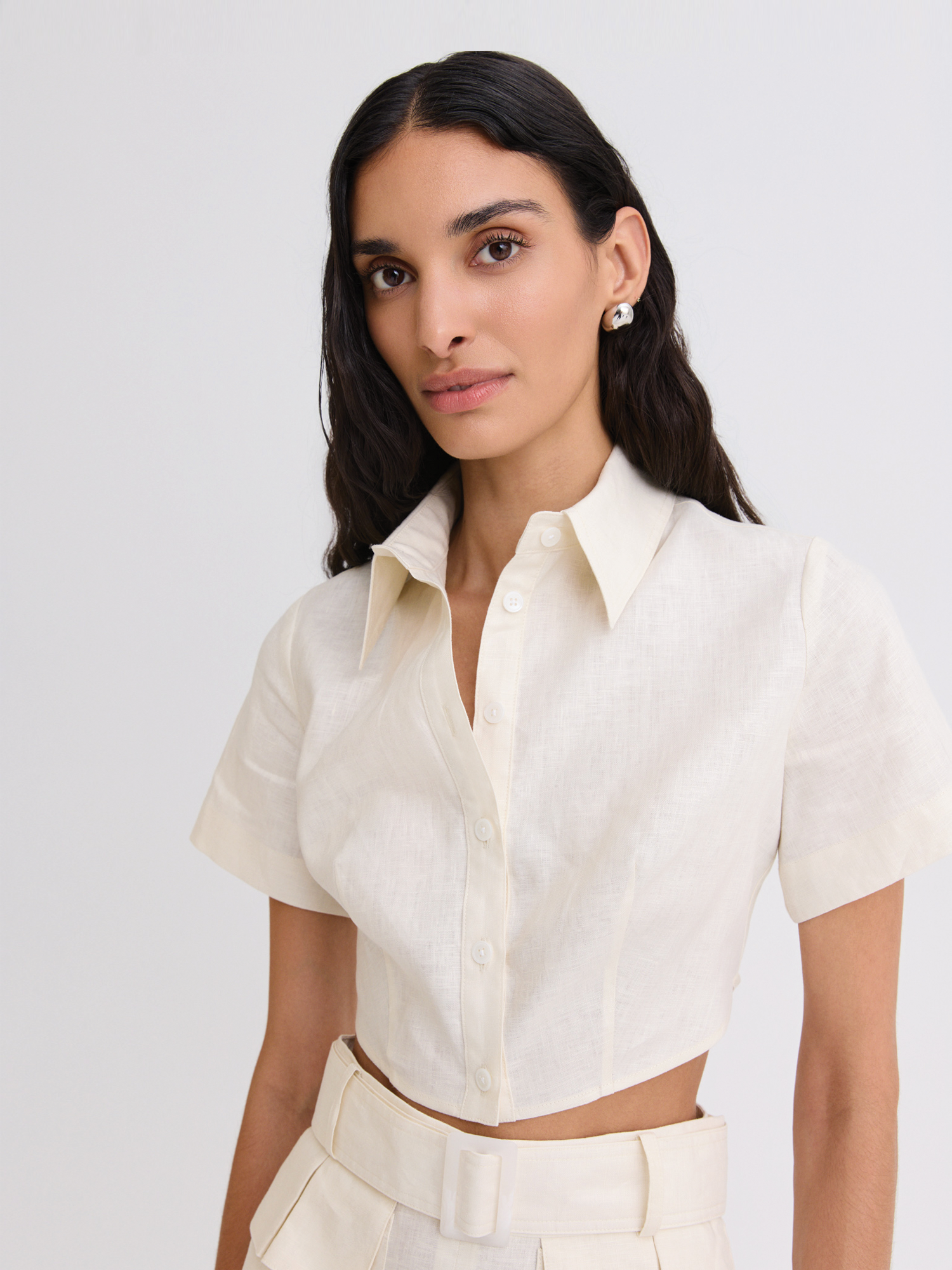 Cropped Cream Linen Tie Back Button Up
