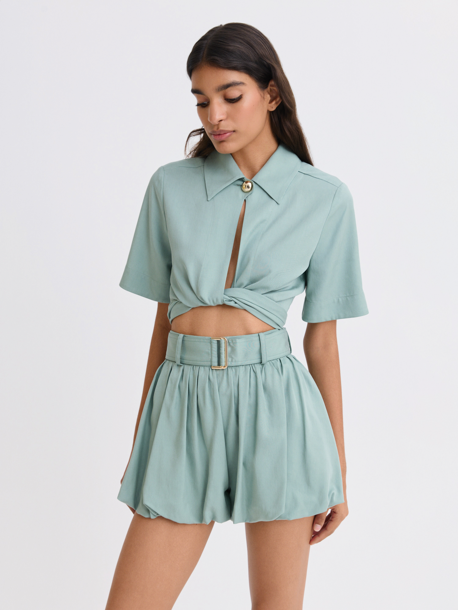 Collared Dusty Teal Wrap Top