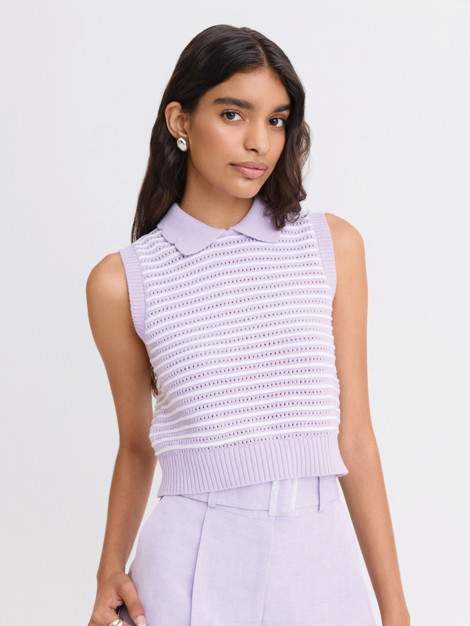 Striped Mesh Collared Lavender Tank