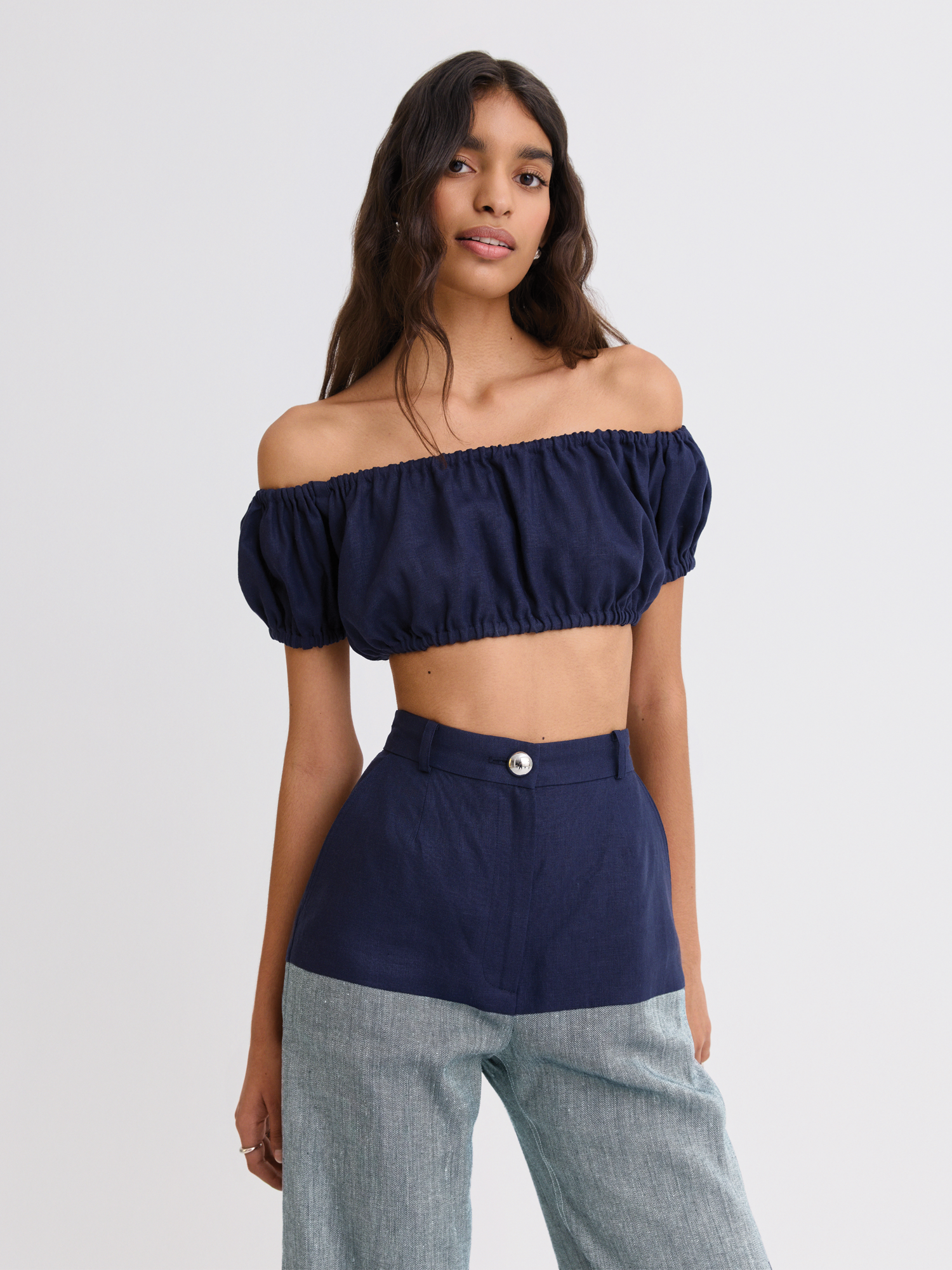 Bubble Navy Linen Crop Top