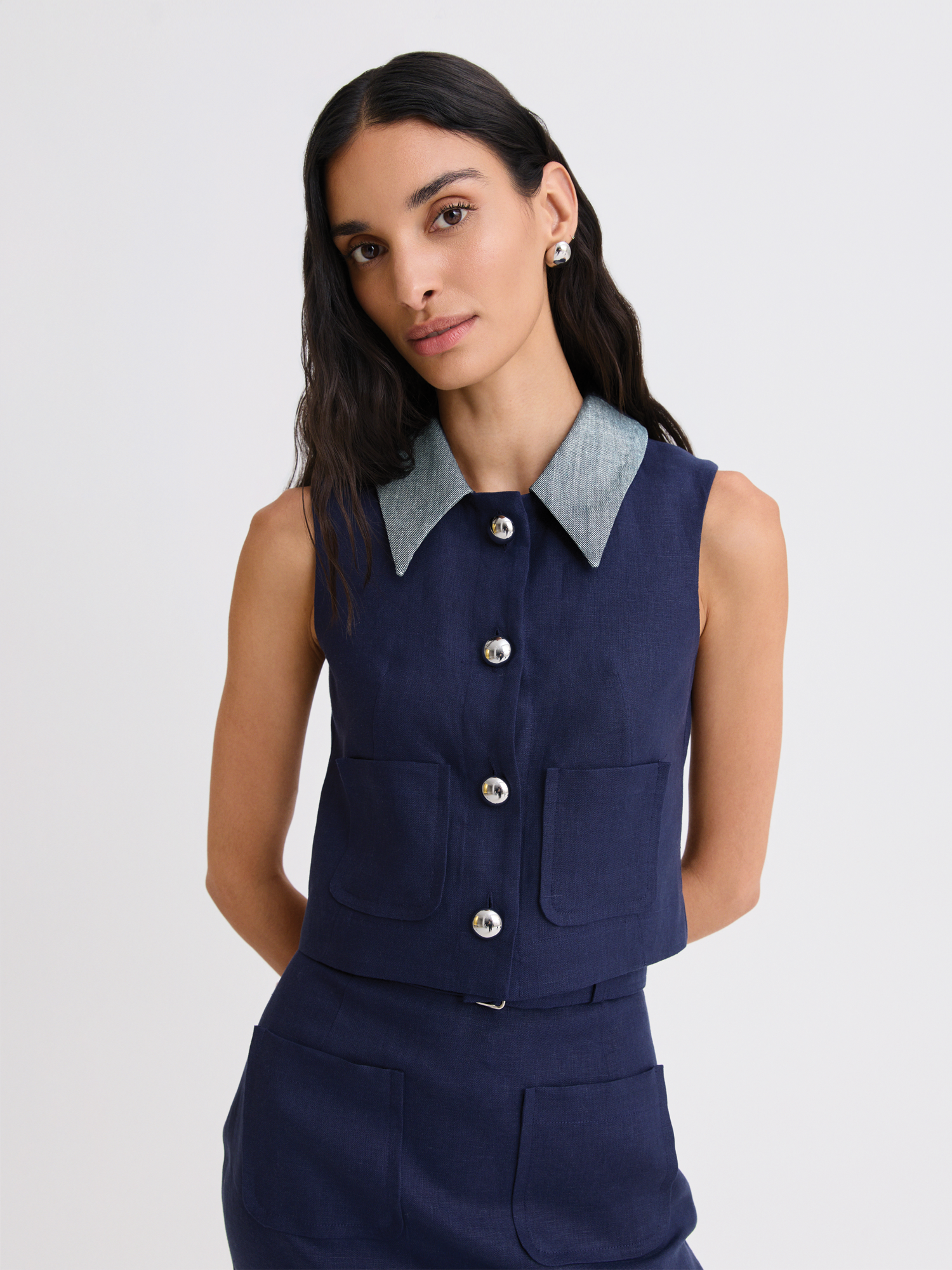 Collared Navy Linen Vest