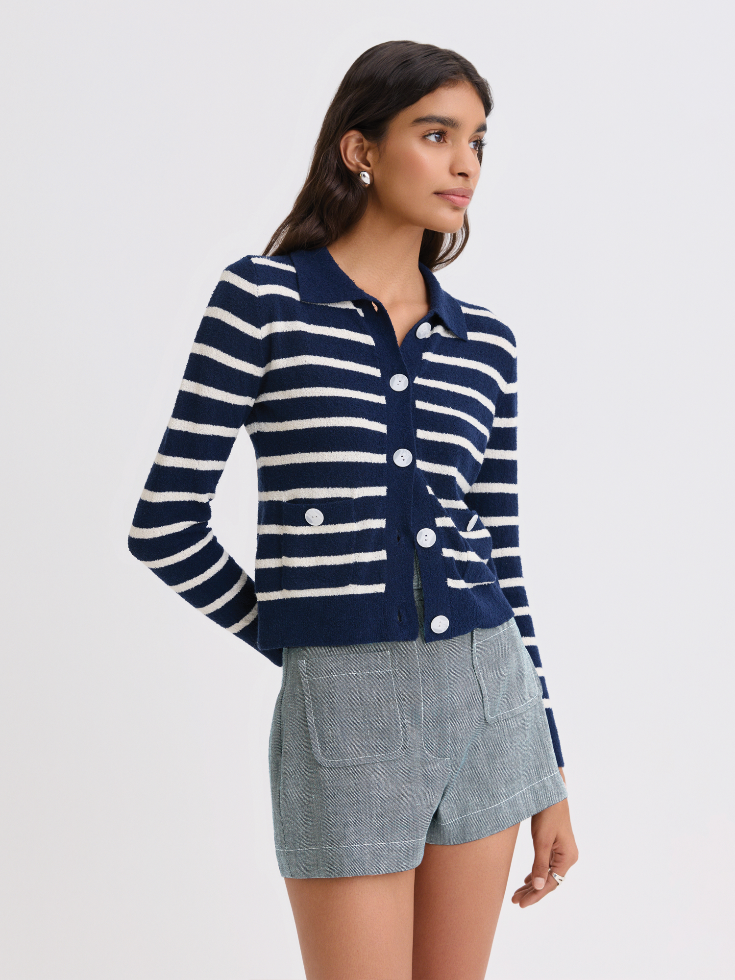 Terry Navy Striped Collared Cardigan