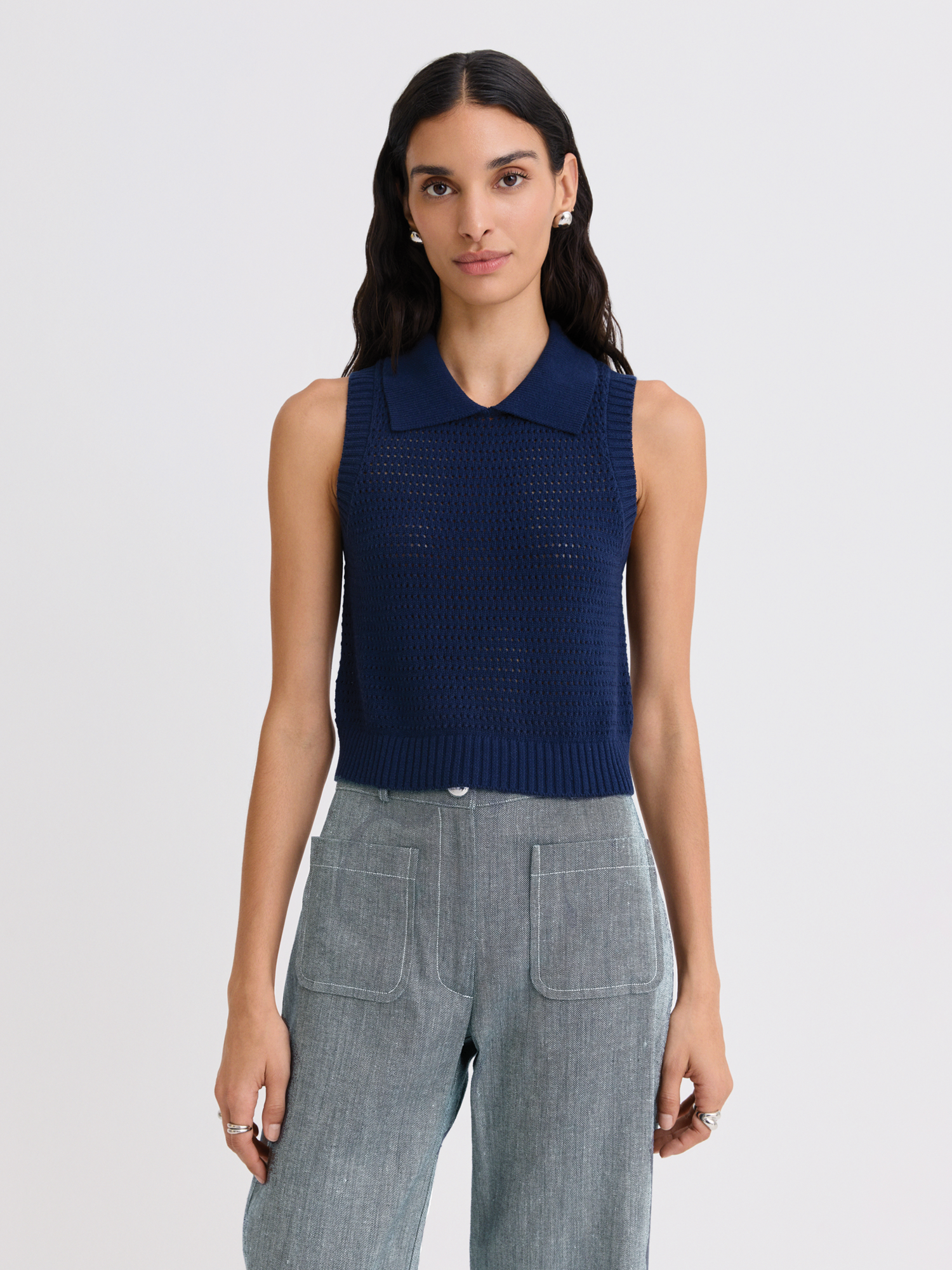 Cable Mesh Navy Collared Tank Top