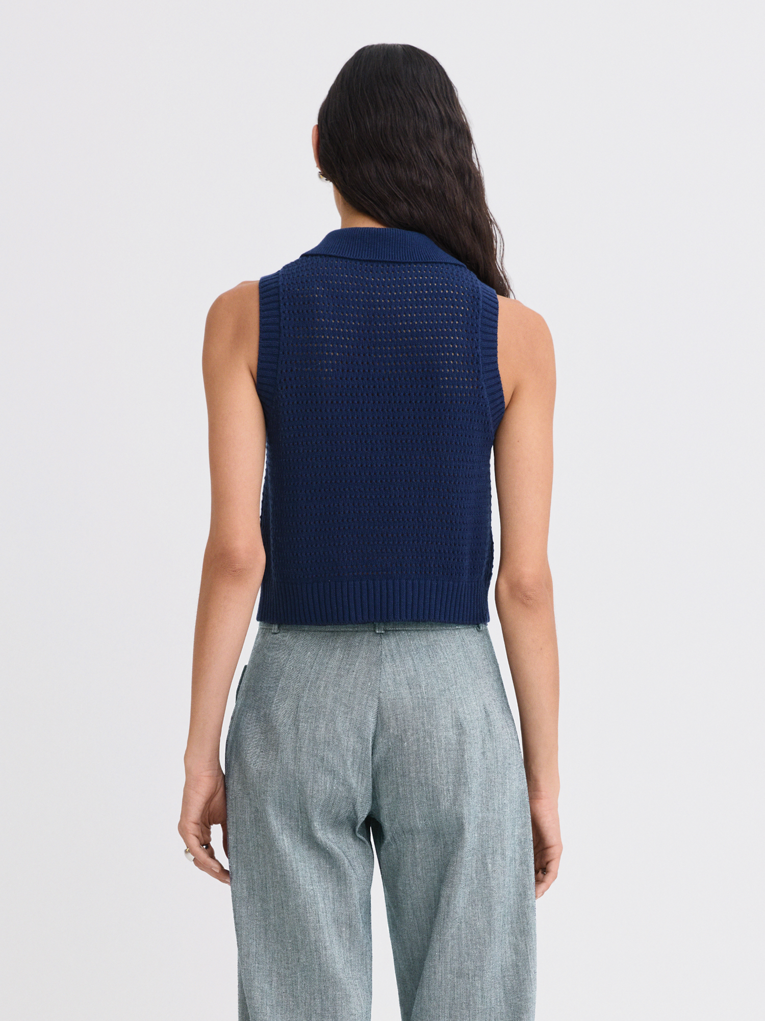 Cable Mesh Navy Collared Tank Top