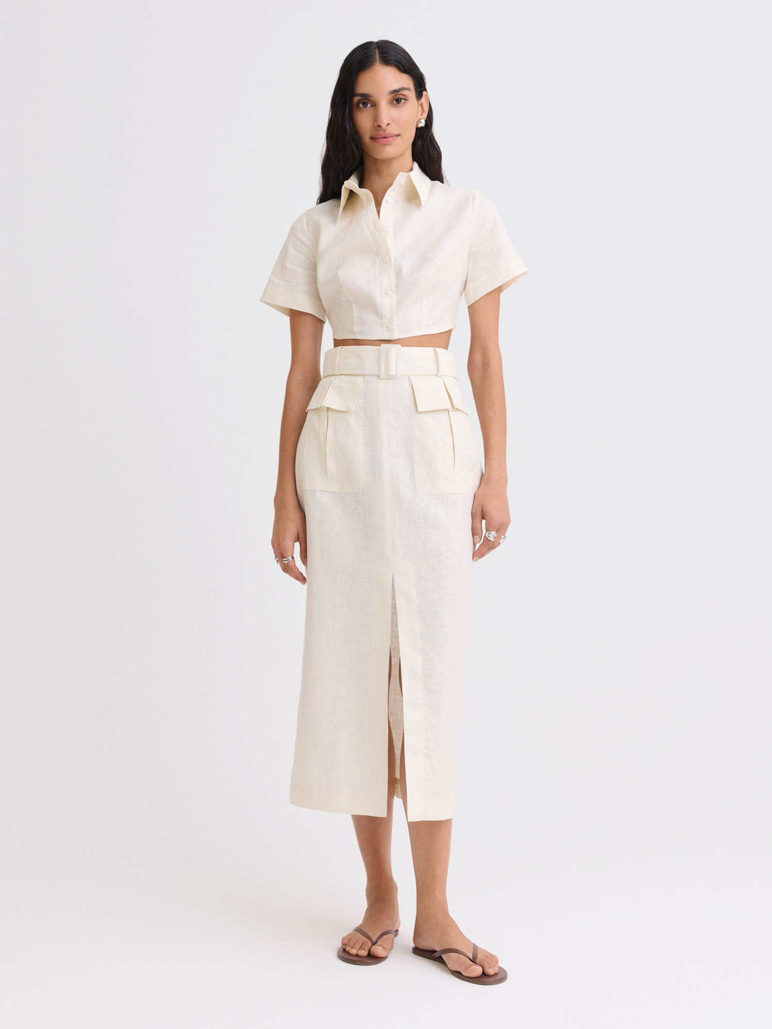 Cargo Cream Linen Midi Skirt