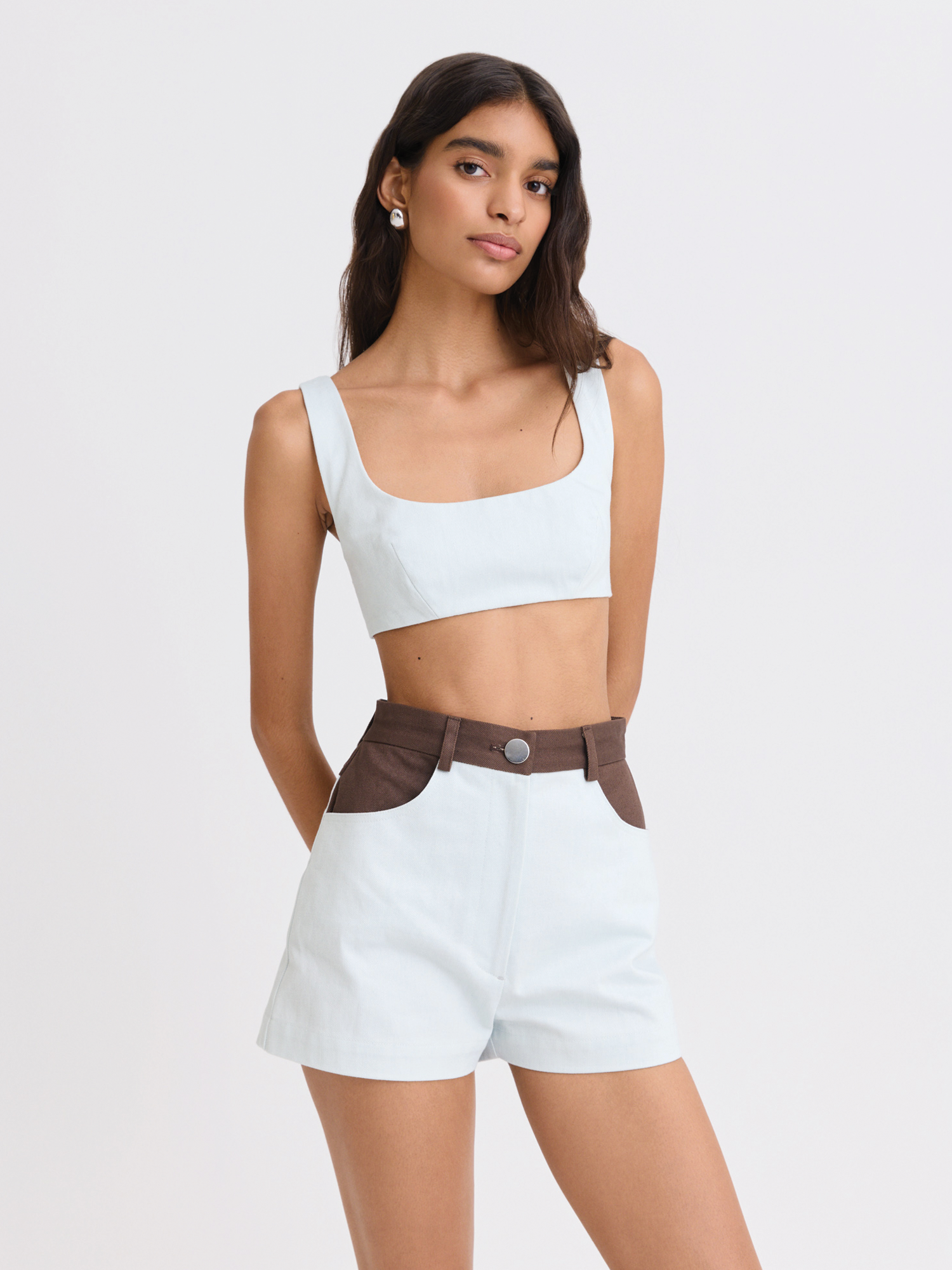 High-Waist Light Denim Combo Hot Short