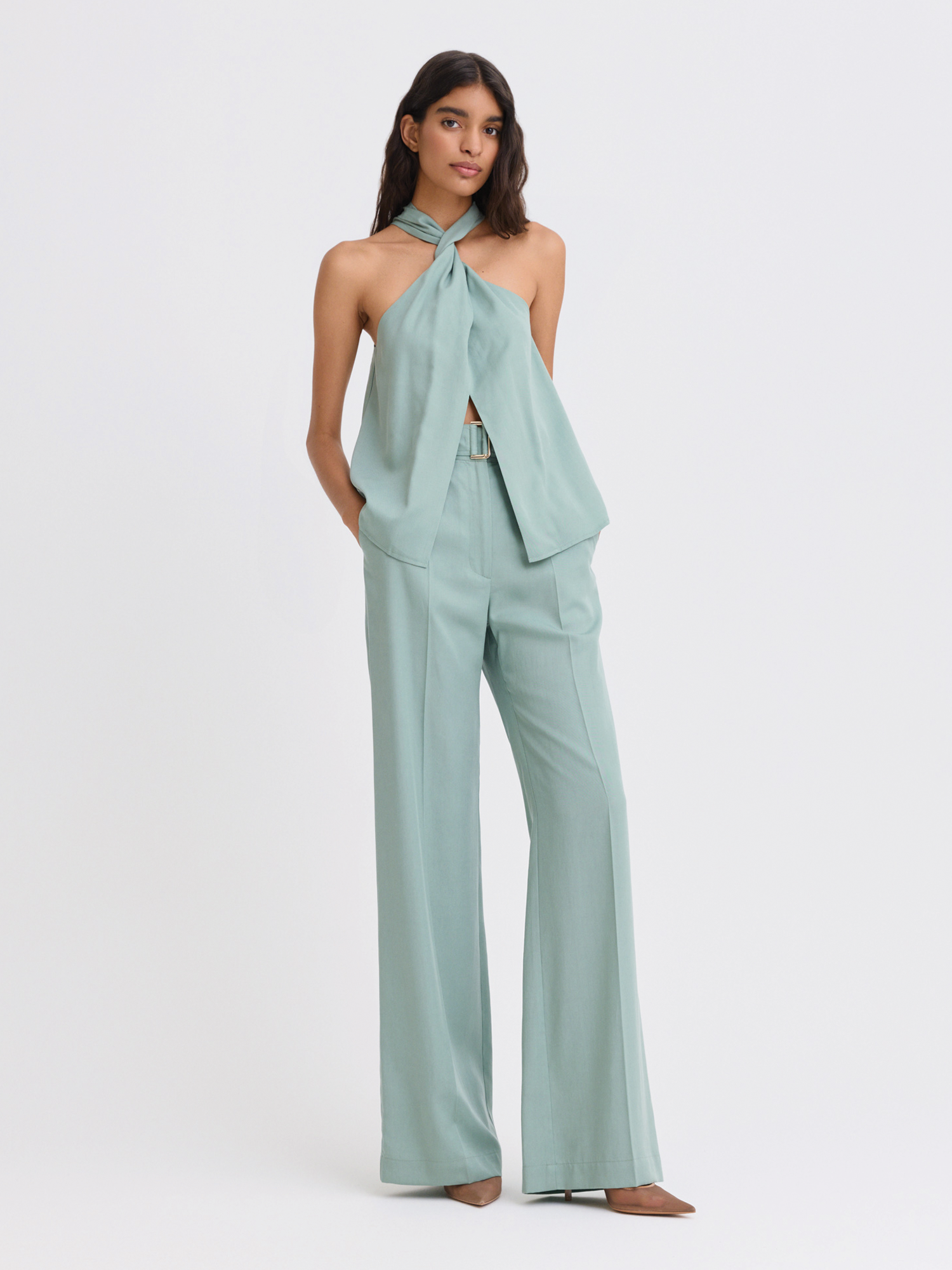 Belted Dusty Teal Wide Leg Trouser
