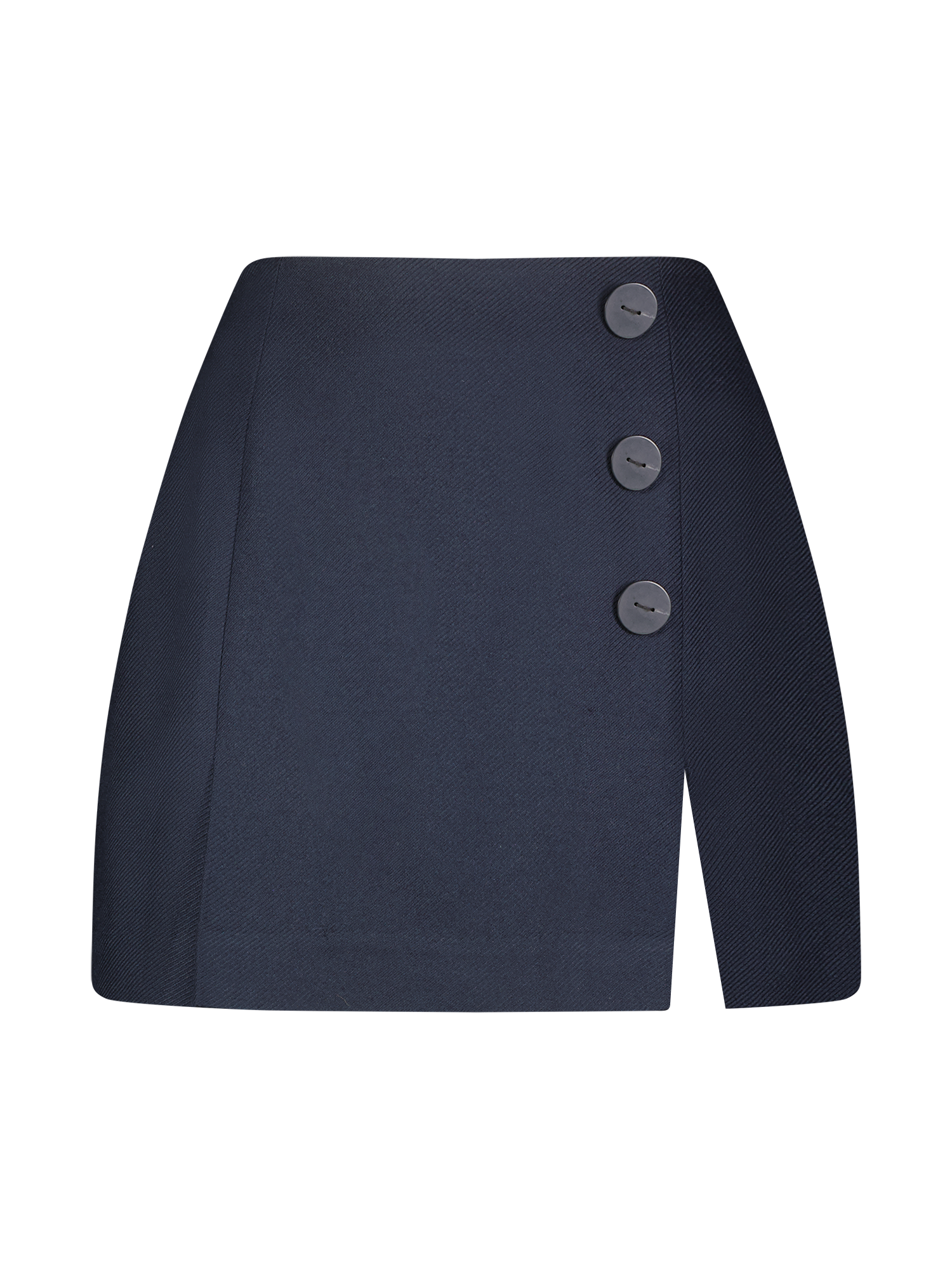 Button Kick Pleat Navy Wool Twill Mini Skirt