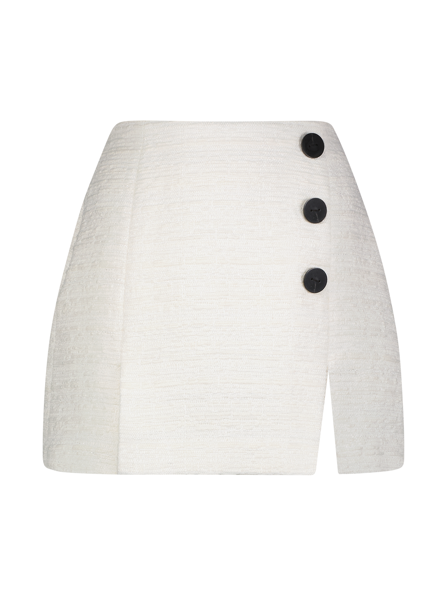 Button Kick Pleat White Tweed Mini Skirt