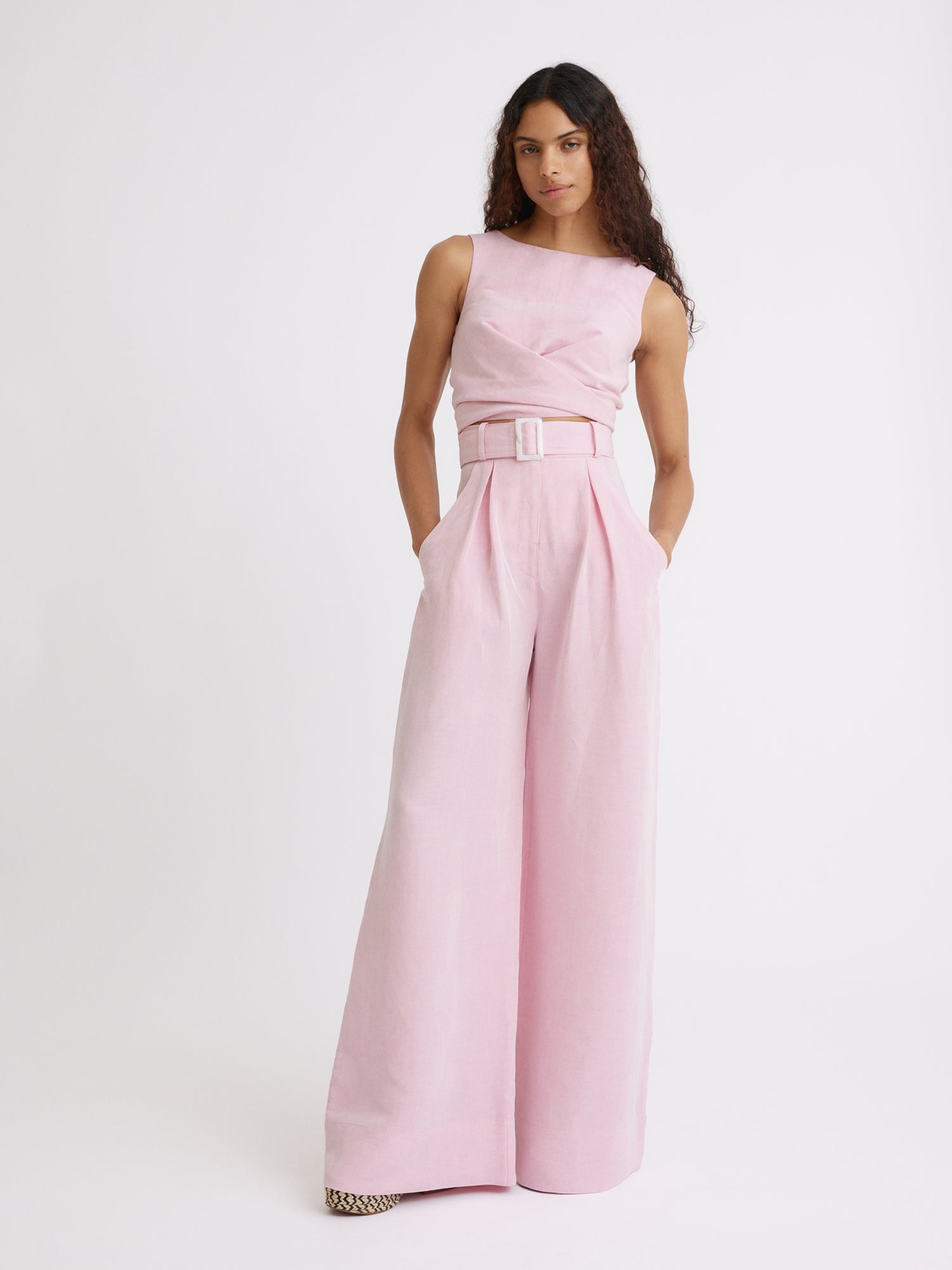 Boat Neck Sleeveless Pink Viscose Wrap Top