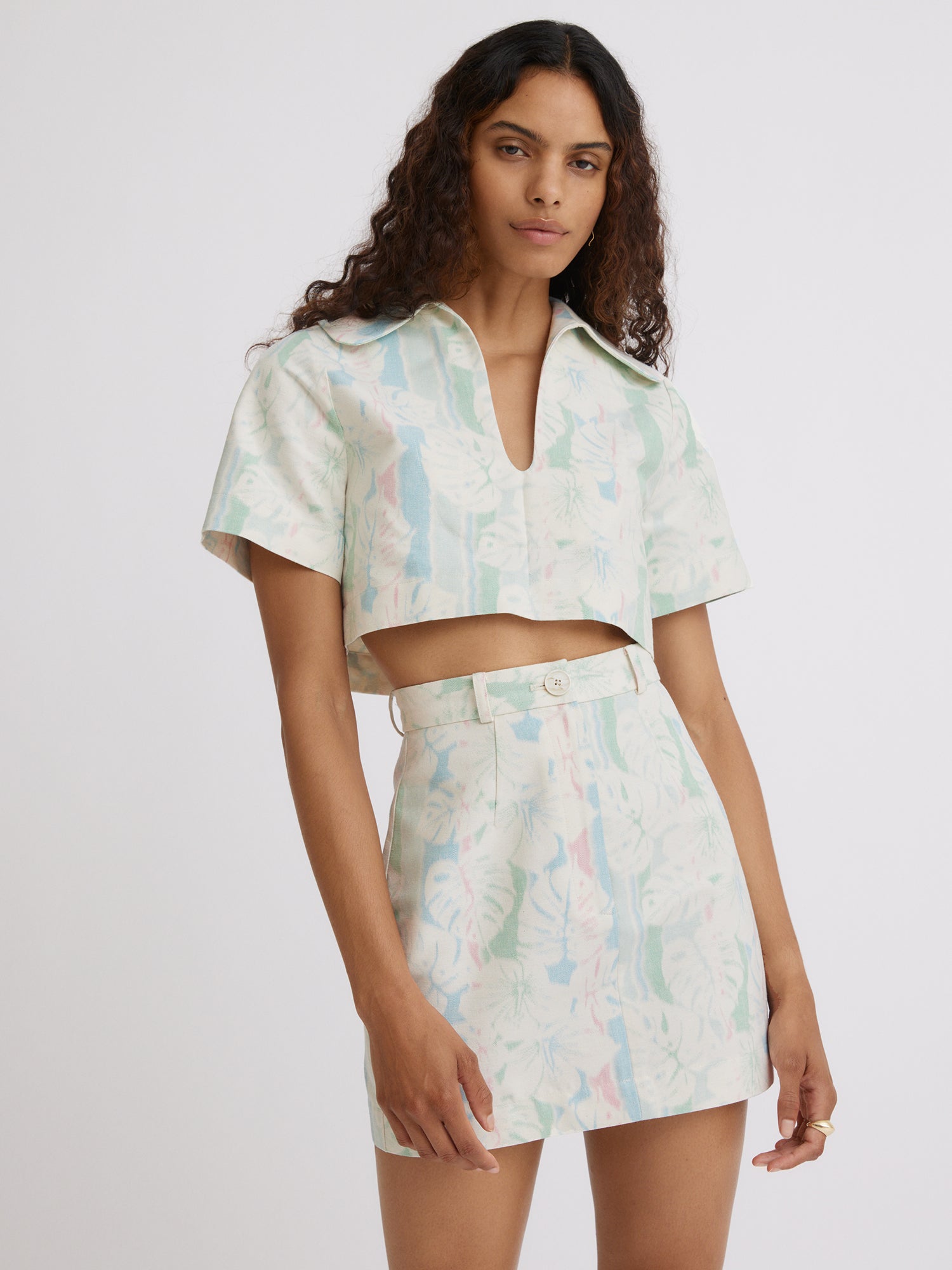 Tropical Printed Denim Mini Skirt