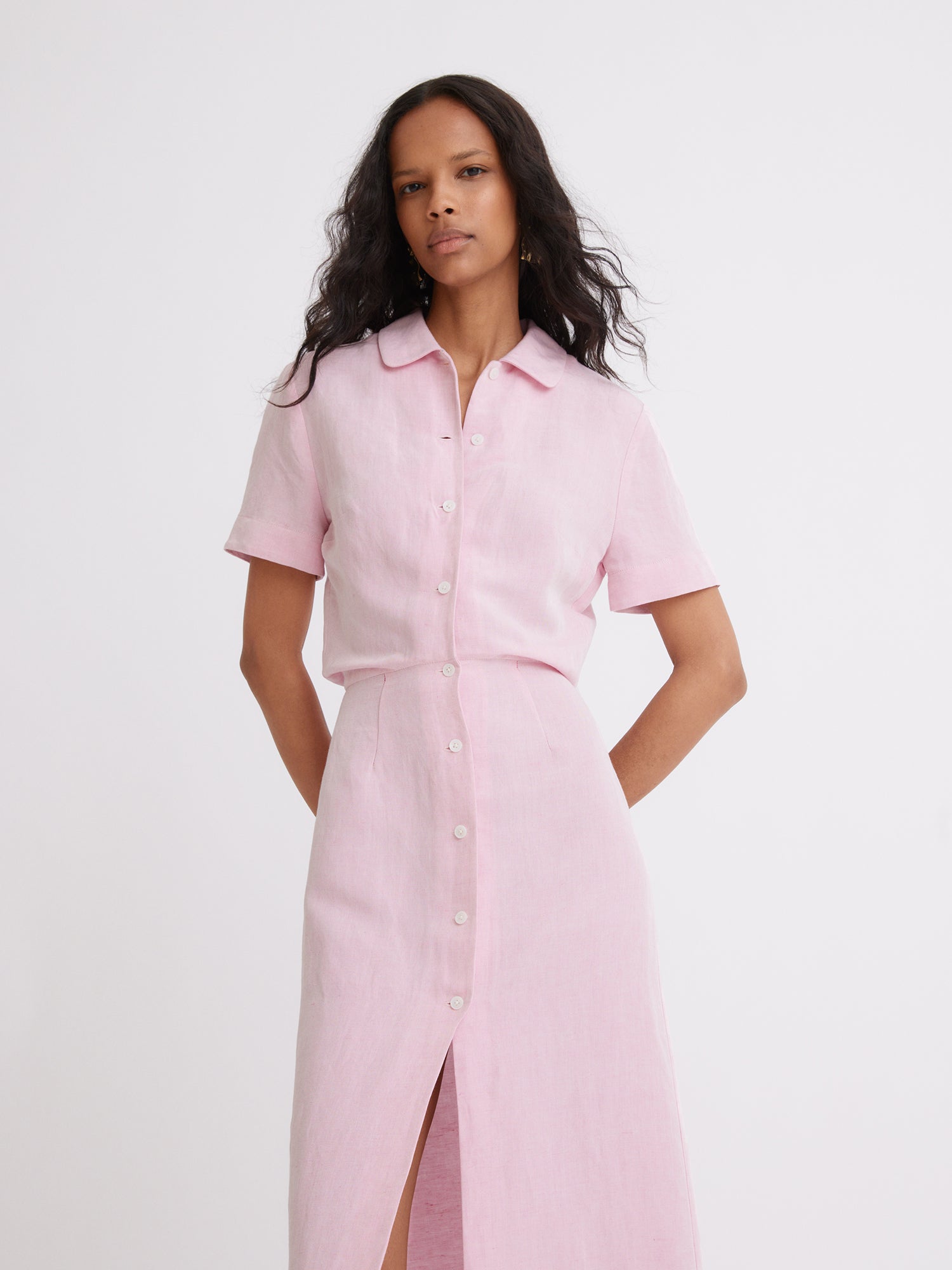 Blouson Pink Viscose Midi Shirt Dress