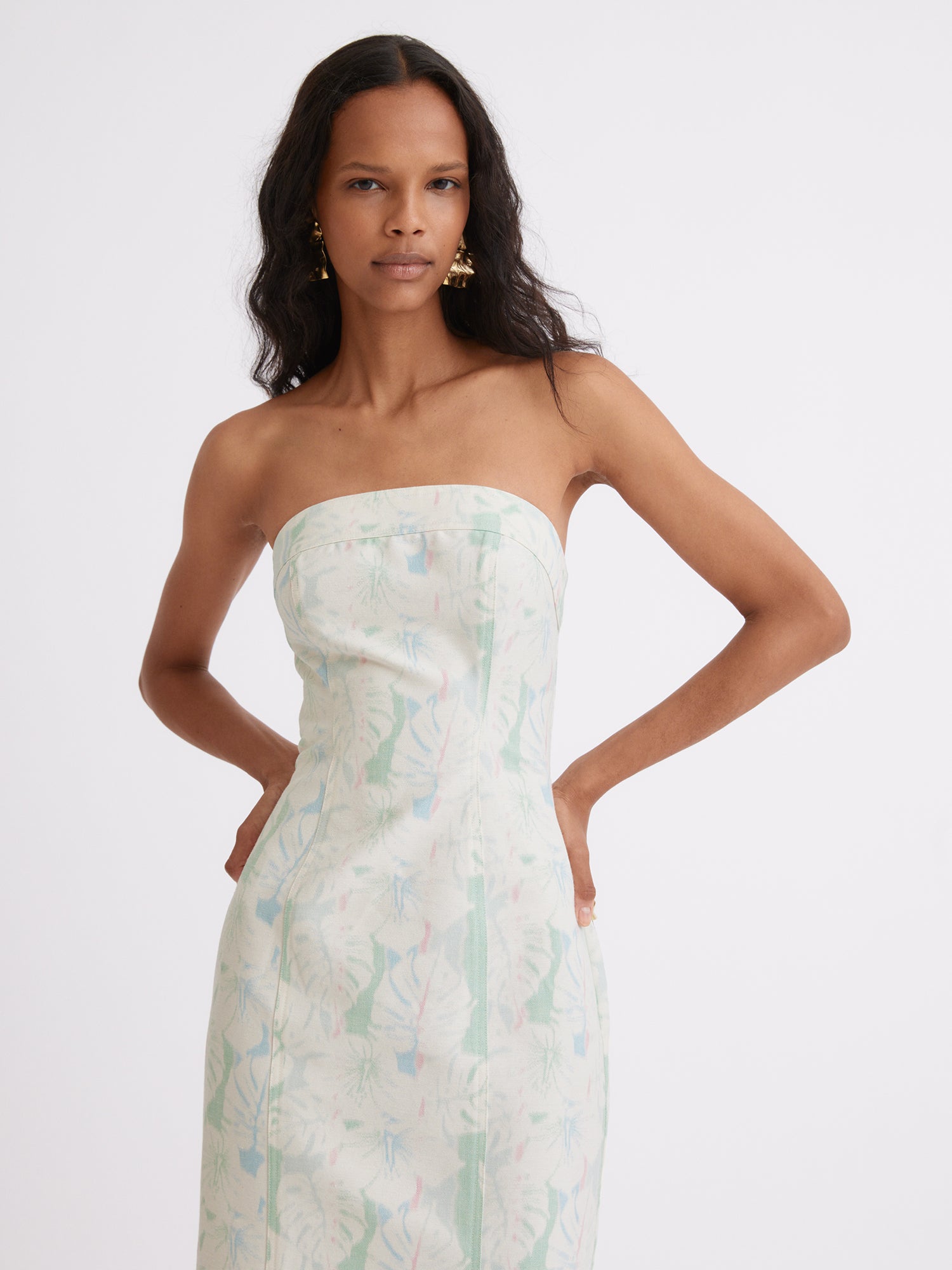 Strapless Tropical Printed Denim Midi Dress