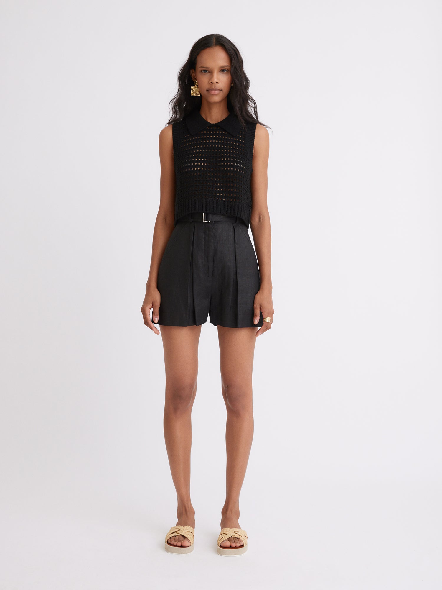 Knit Mesh Collared Black Tank Top