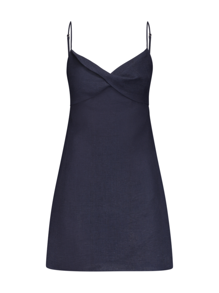 Twist Slip Navy Linen Mini Dress