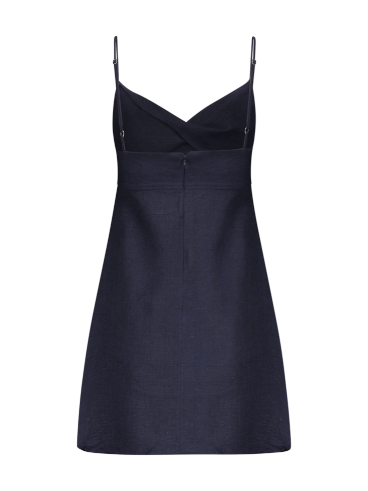 Twist Slip Navy Linen Mini Dress