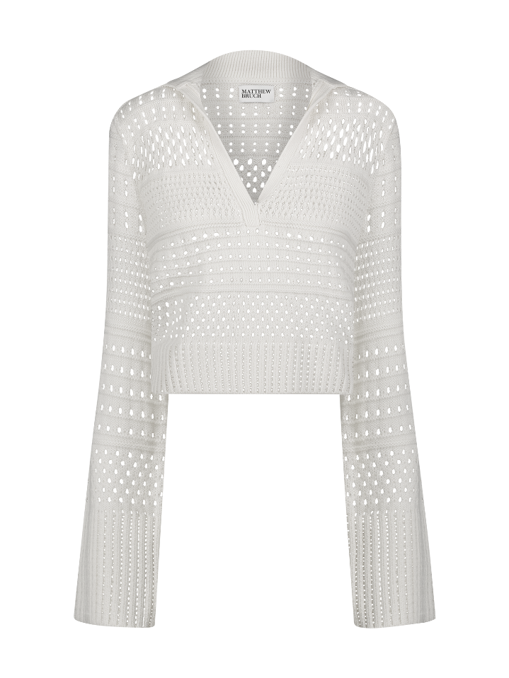 Variegated Knit Mesh White Pullover