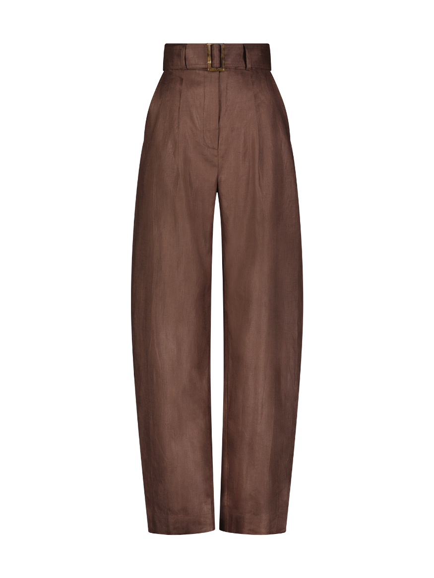 Pleated Barrel Brown Linen Trouser