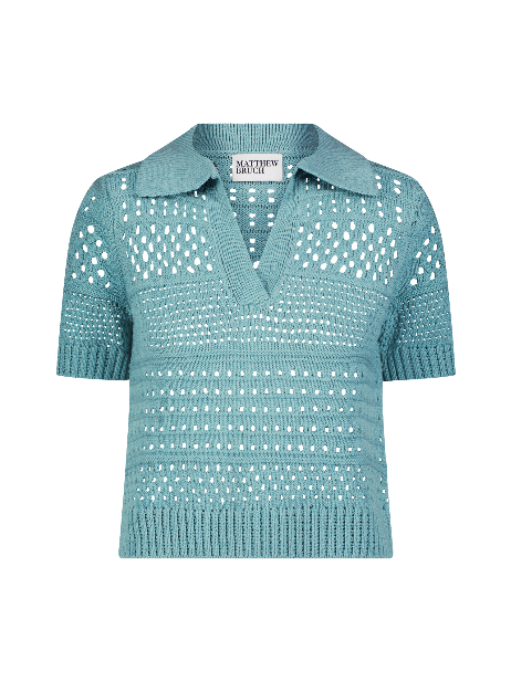 Variegated Knit Mesh Seafoam Polo Top