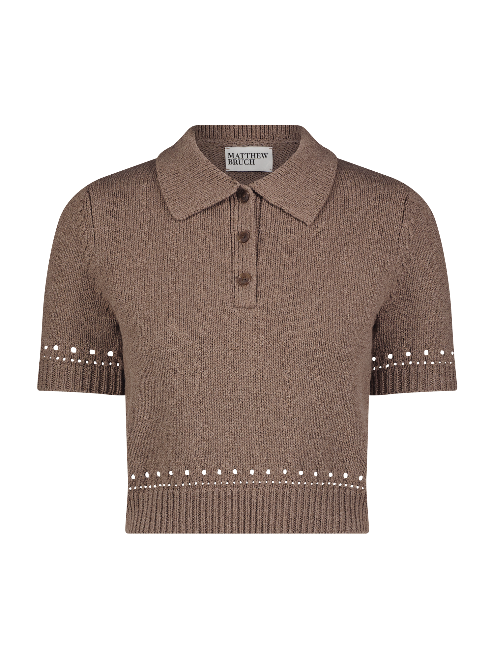 Eyelet Trim Brown Polo Top
