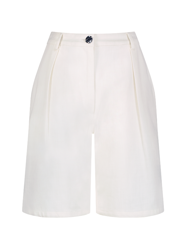 Low-Rise Pleated White Denim Bermuda Shorts