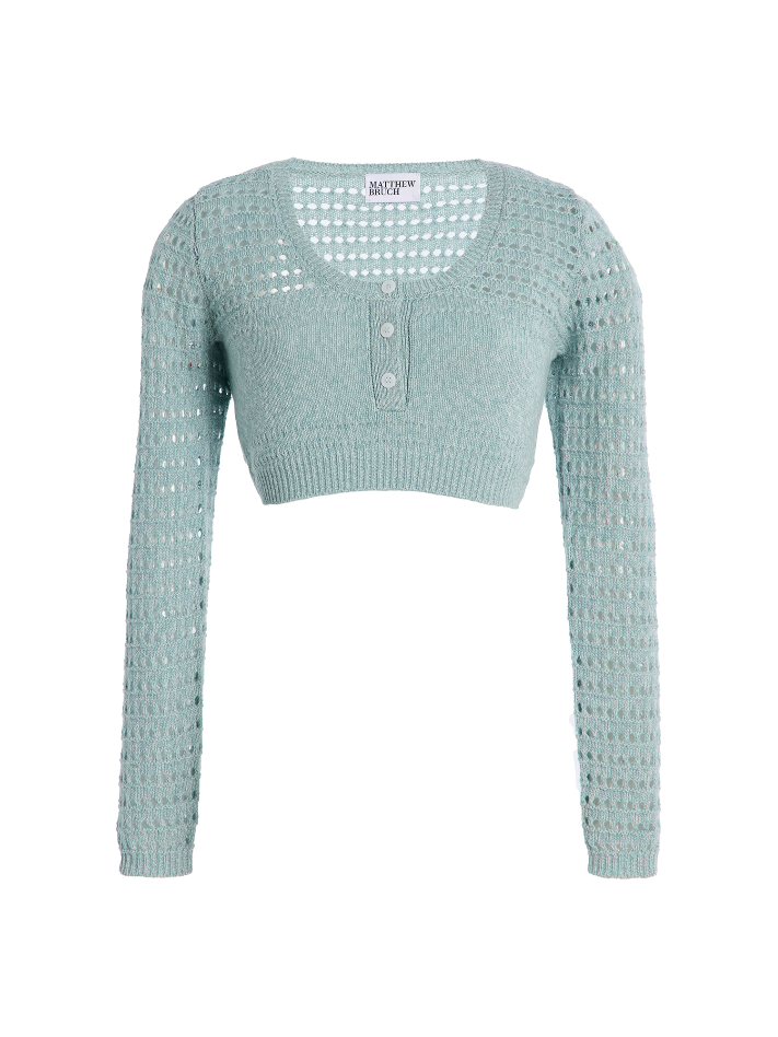 Striped Mesh Seafoam Long Sleeve Cropped Henley