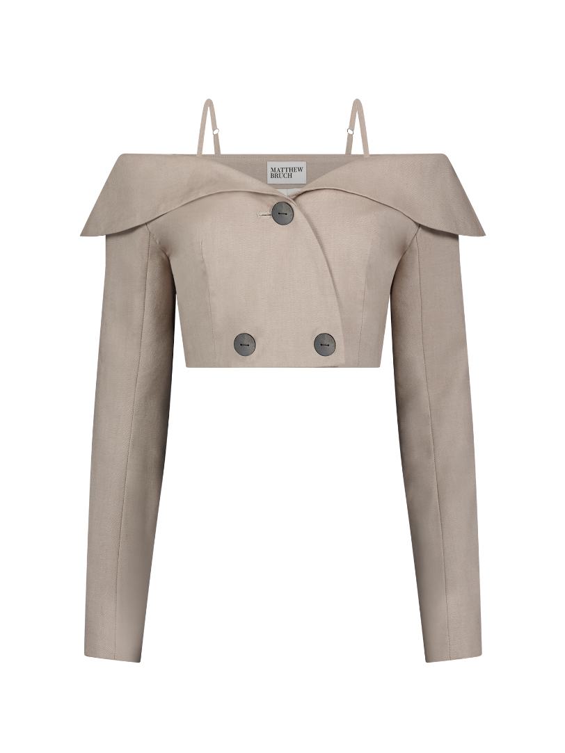 Off Shoulder Double-Breasted Camel Flannel Top