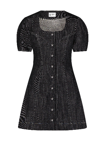 Apron Puff Sleeve Black Denim Mini Dress