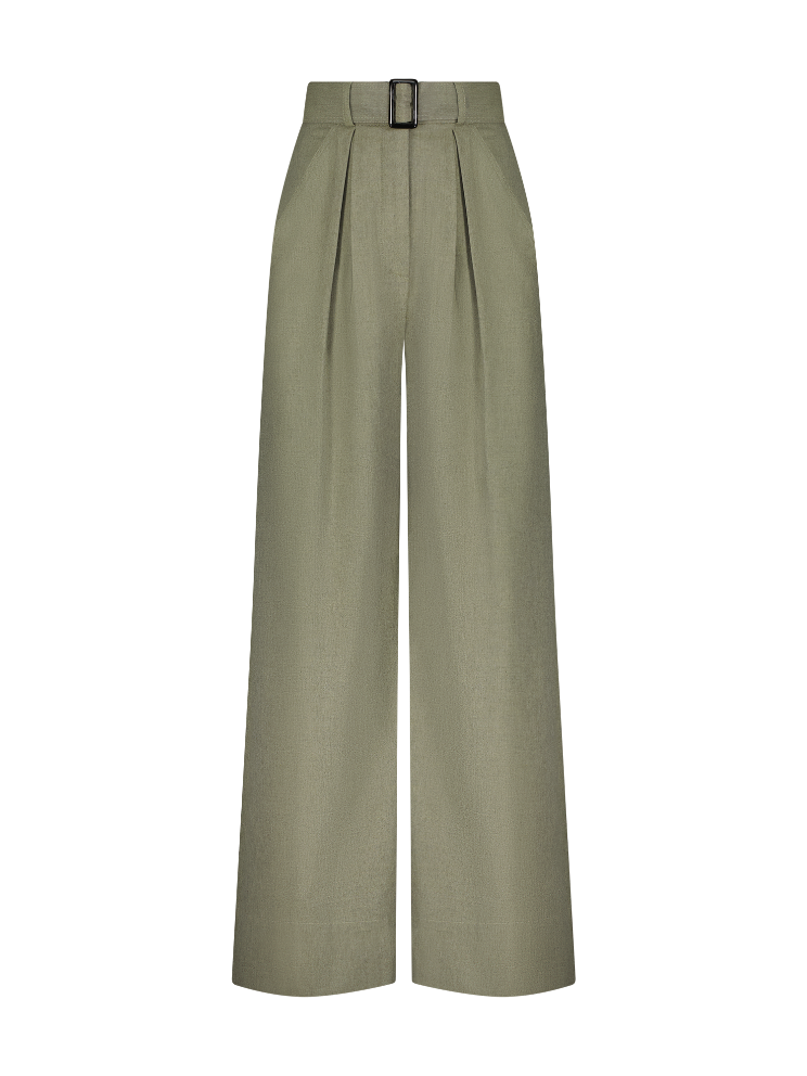 Wide Leg Pleated Sage Flannel Pant