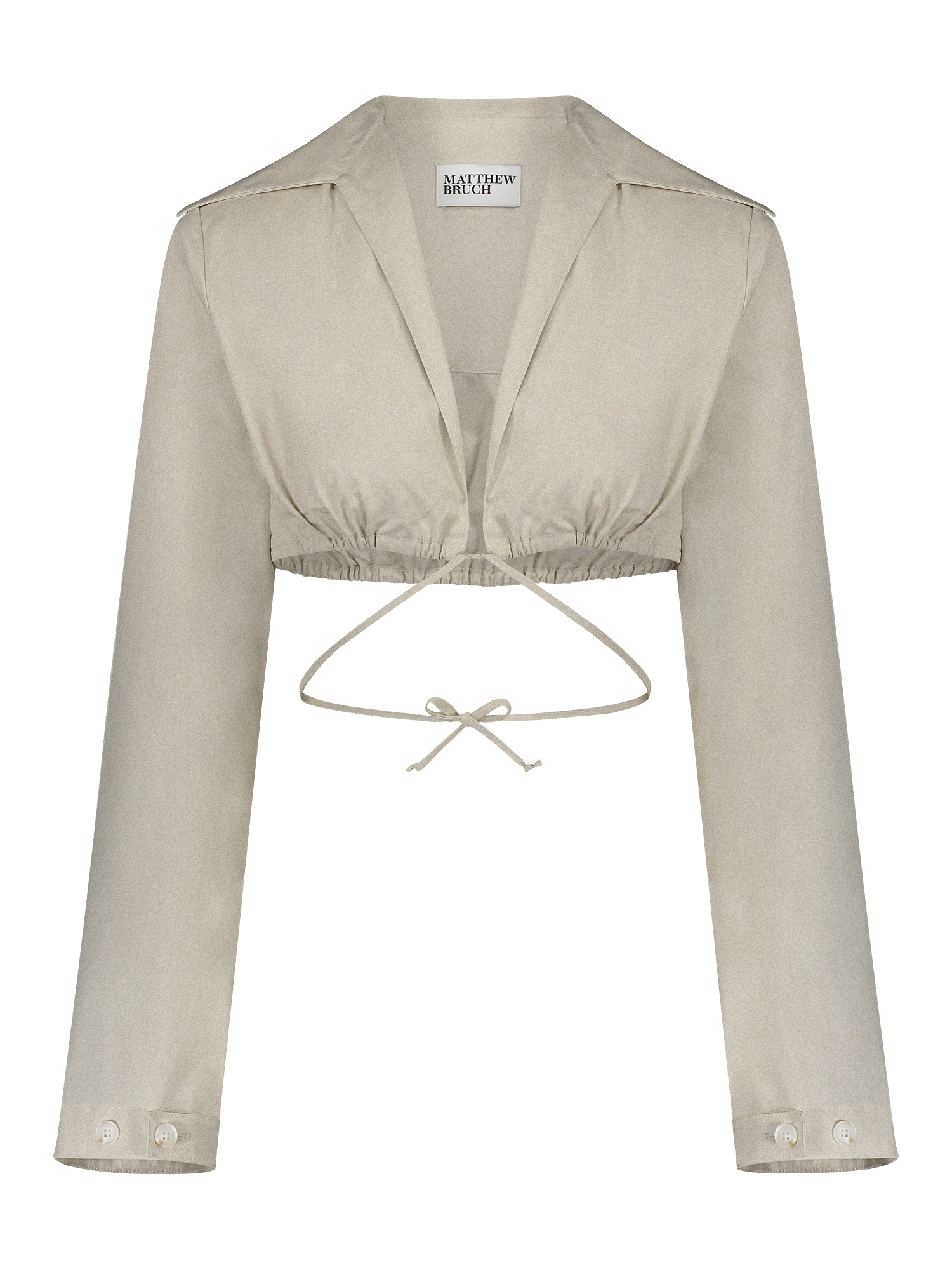 Long Sleeve Spread Collar Oatmeal Linen Crop Top