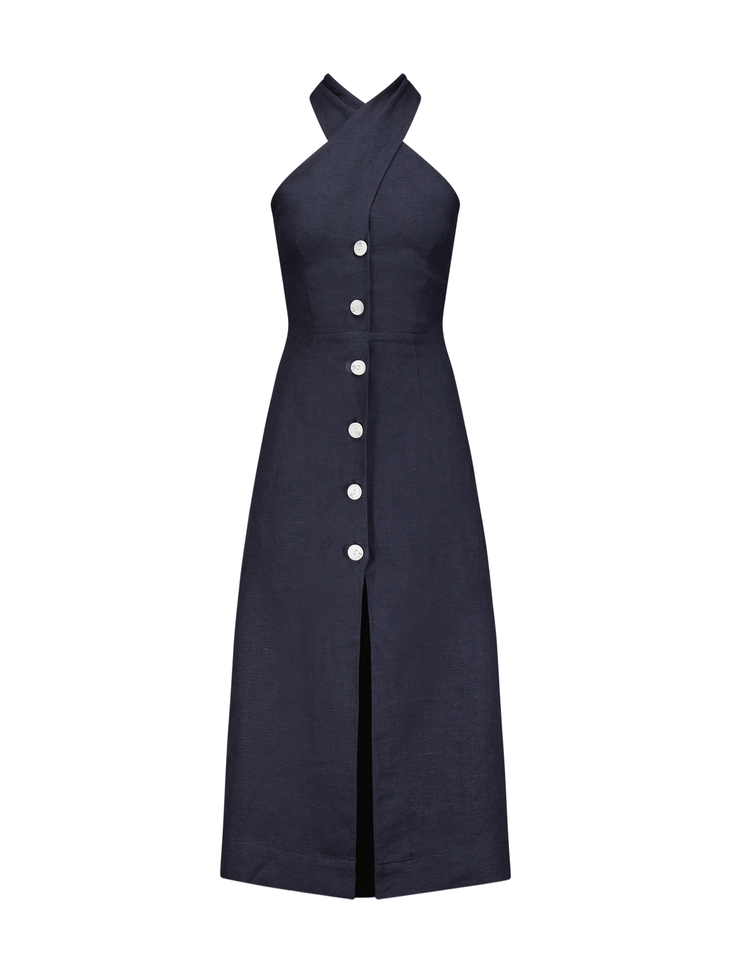 Halter Twist Button Up Navy Linen Midi Dress