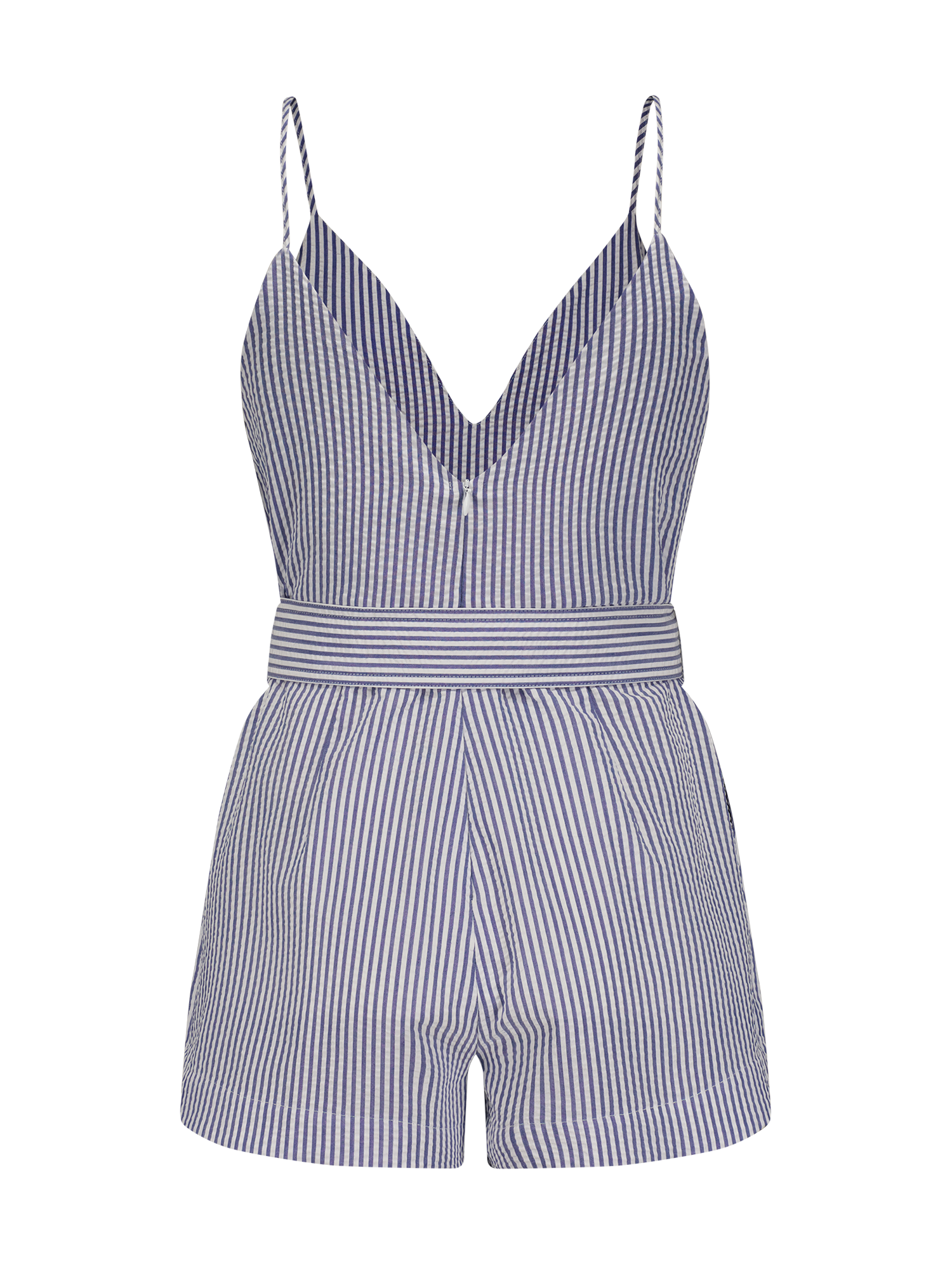 Deep V-Neck Navy Seersucker Romper